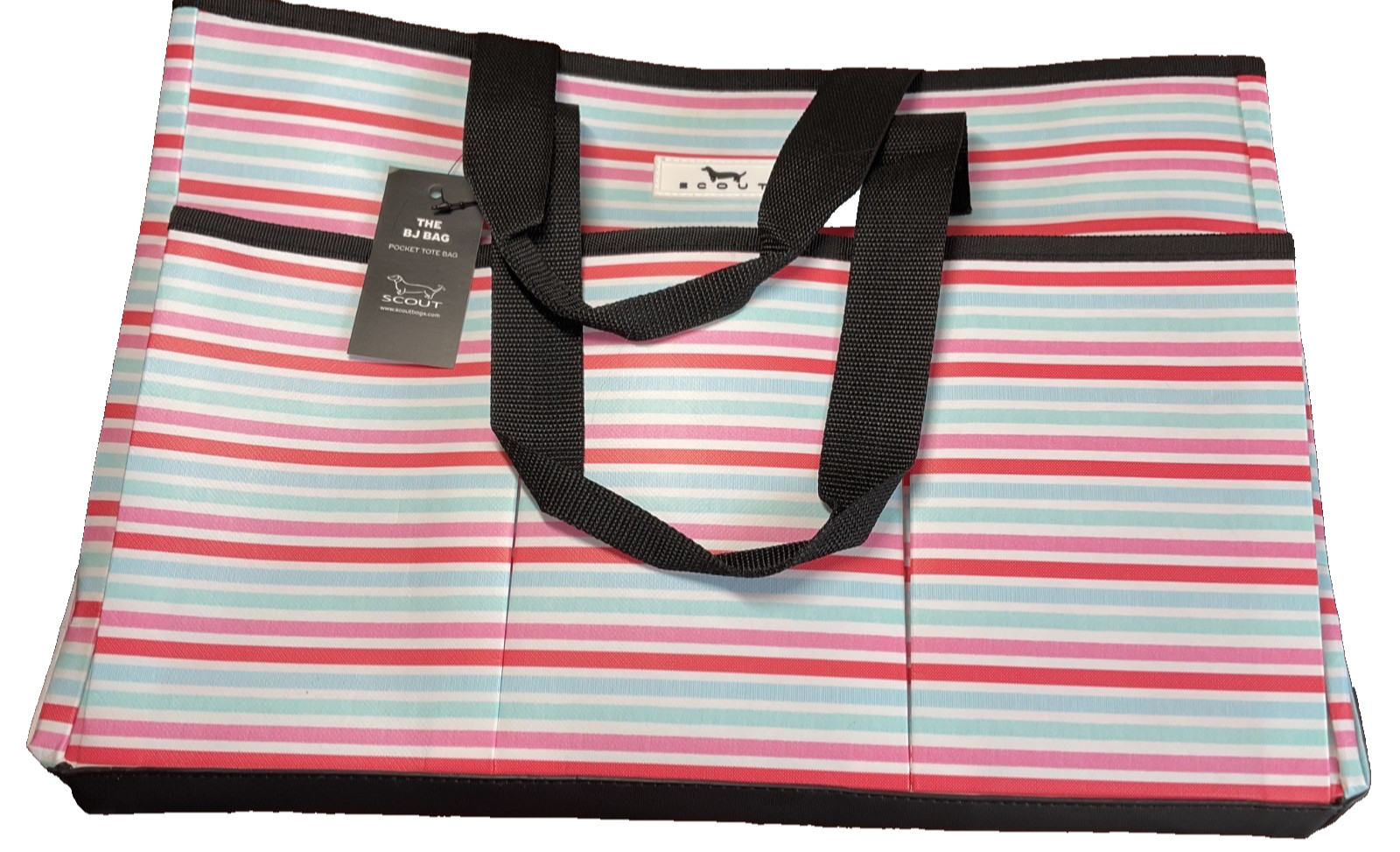 Scout THE BJ BAG POCKET TOTE 18.5x14x8.5 INBLUE PINK RED WHITE STRIPES POLY NWT