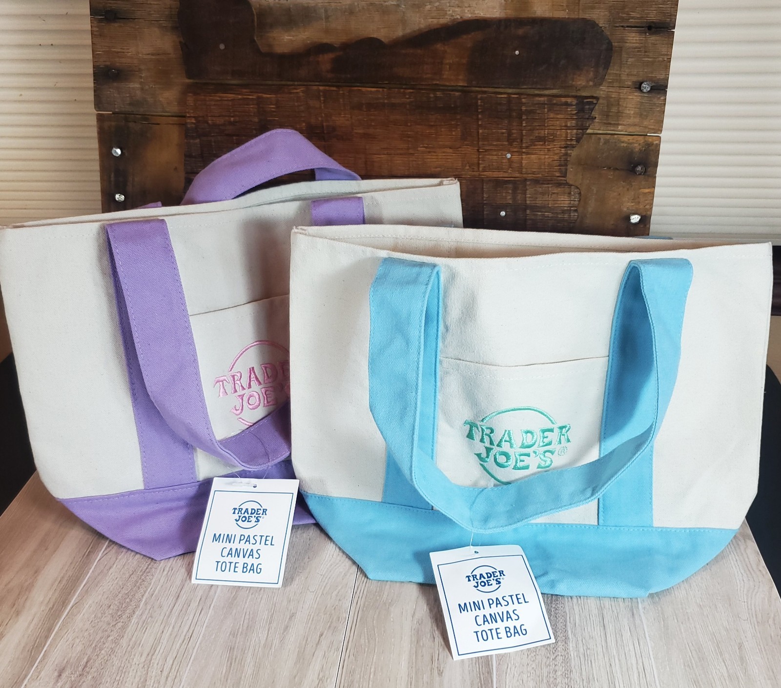 NWT Set of 2 Trader Joe’s Mini Lavender & Baby Blue Canvas Tote Limited Edition