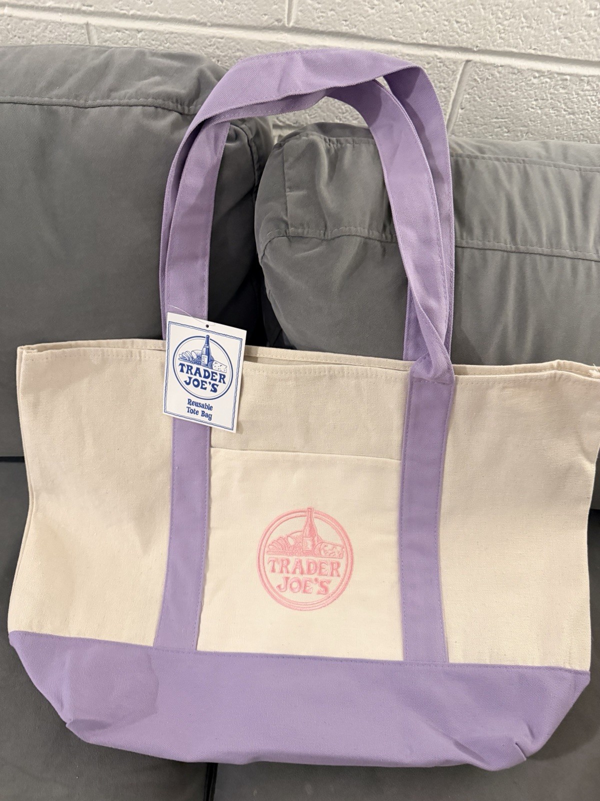 Trader Joe’s Large Reusable Canvas Shopping Bag Beige Purple 20x6x14in