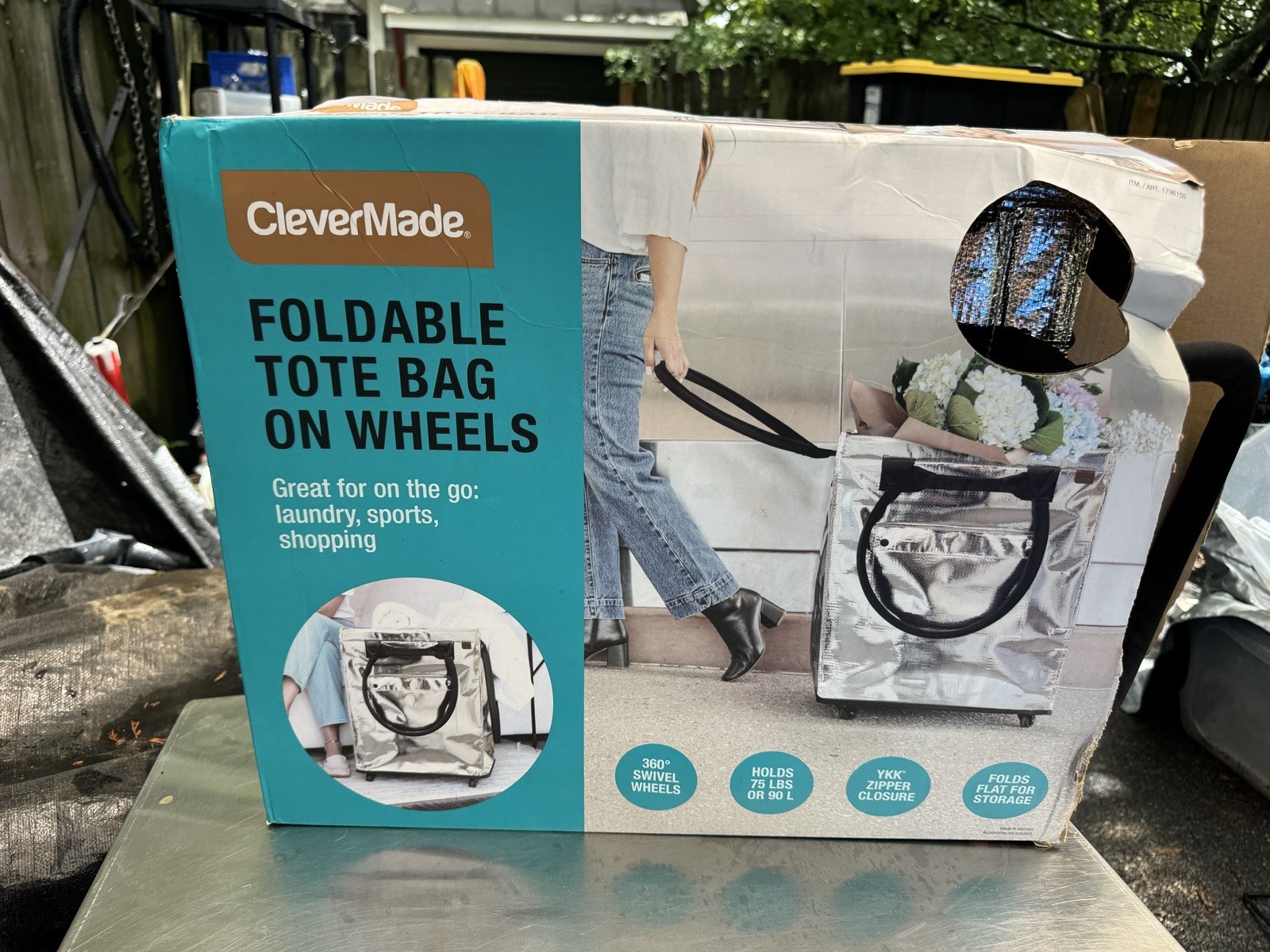 CleverMade Foldable Tote Bag on Wheels Soft Grip Silver Capacity: 90L 75lbs CP