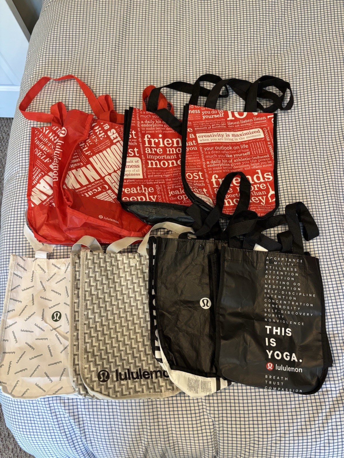 Lot Of 8 Lululemon Small Reusable Shopping Totes Lunch Bag Yoga Black Red Gray