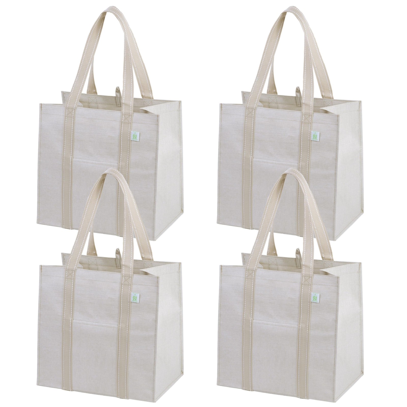 4 Pack Reusable Grocery Bags, Heavy-Duty, Hard Bottom, Foldable, Beige, Cart