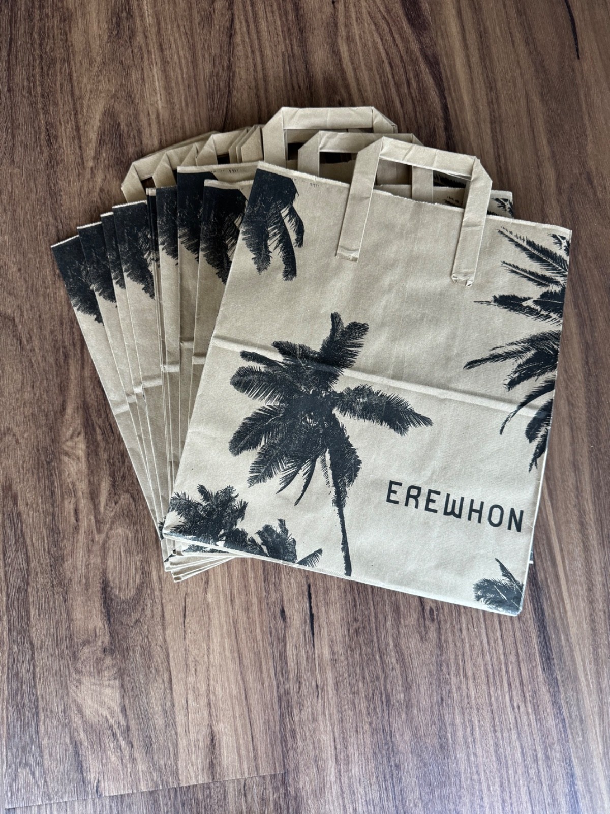 3pc EREWHON Organic LA Upmarket Shopping Brown Black Palm Print Paper Bag Prop