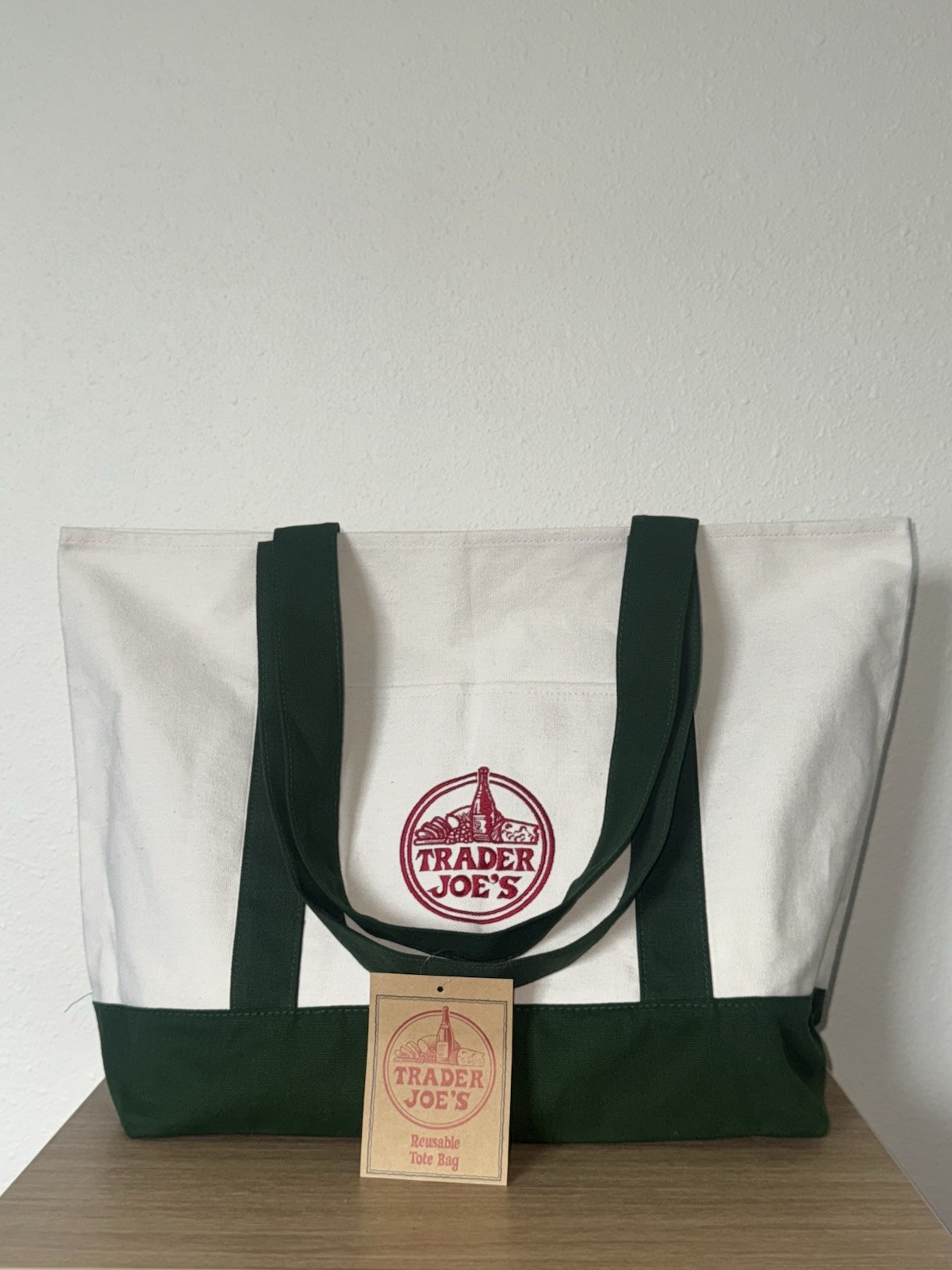 Trader Joe’s Canvas Tote Green Trim Large Classic Reusable USA New