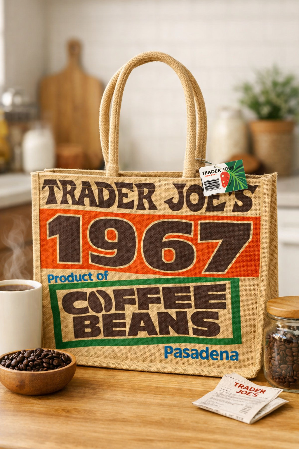 Trader Joe’s 1967 Coffee Beans Pasadena Tote Bag Burlap - Reusable Shopping Bag