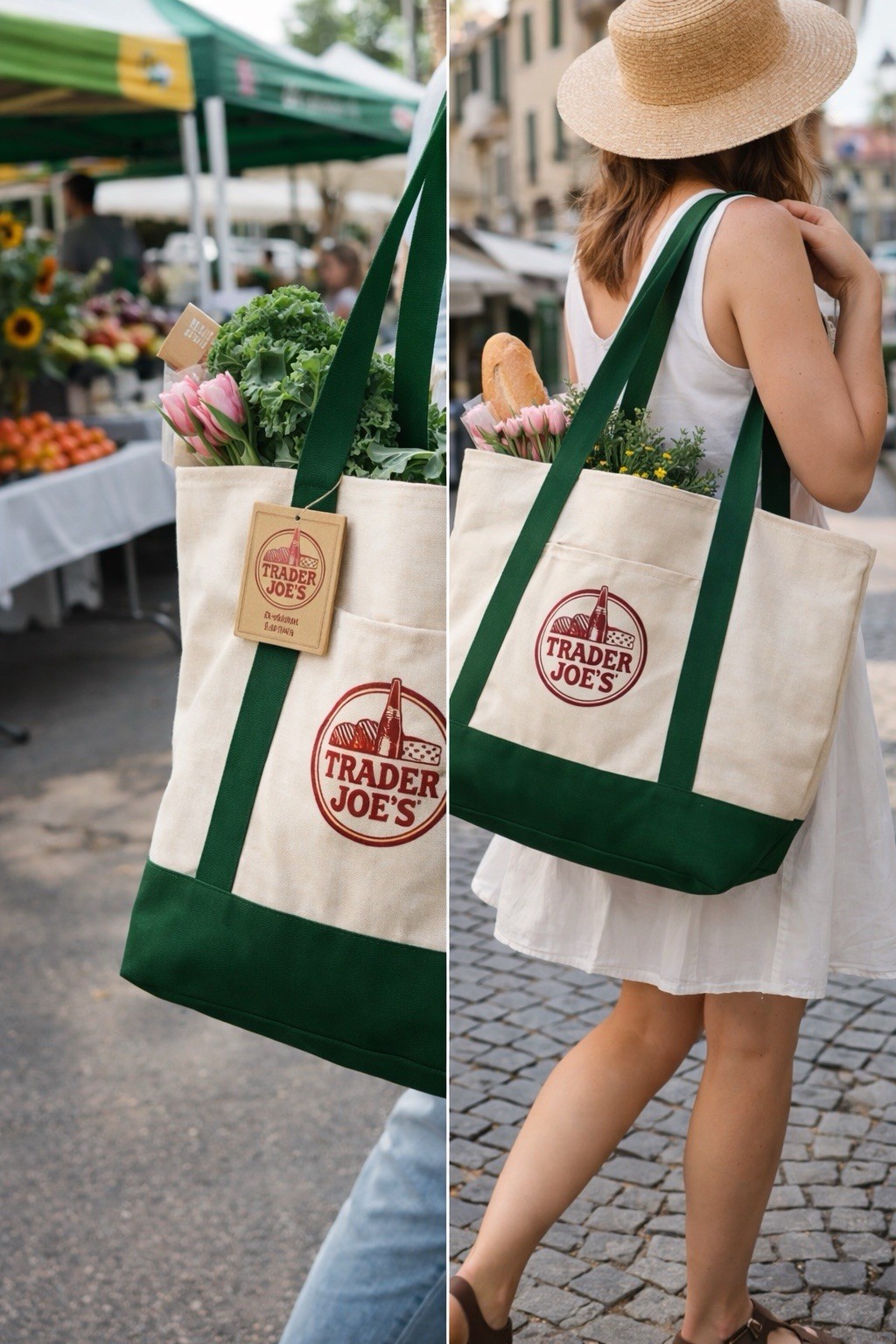 TRADER JOE’S LARGE CANVAS COTTON REUSABLE LARGE GREEN FARMERS MARKET TOTE NWT