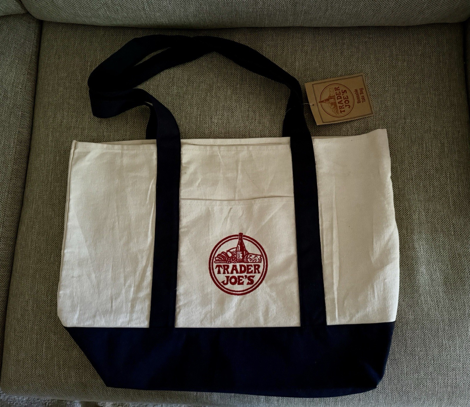 Trader Joe’s Foldable Canvas Reusable Shopping Bag Beige Navy Blue