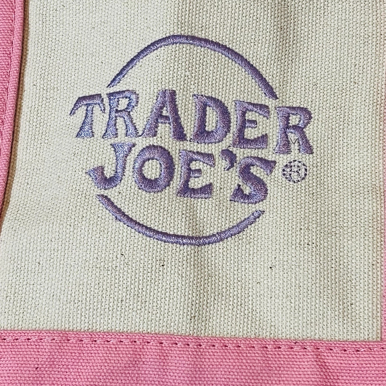 Trader Joe’s Mini Pastel Canvas Bag Off White, Pink Base & Straps, Lavender Logo