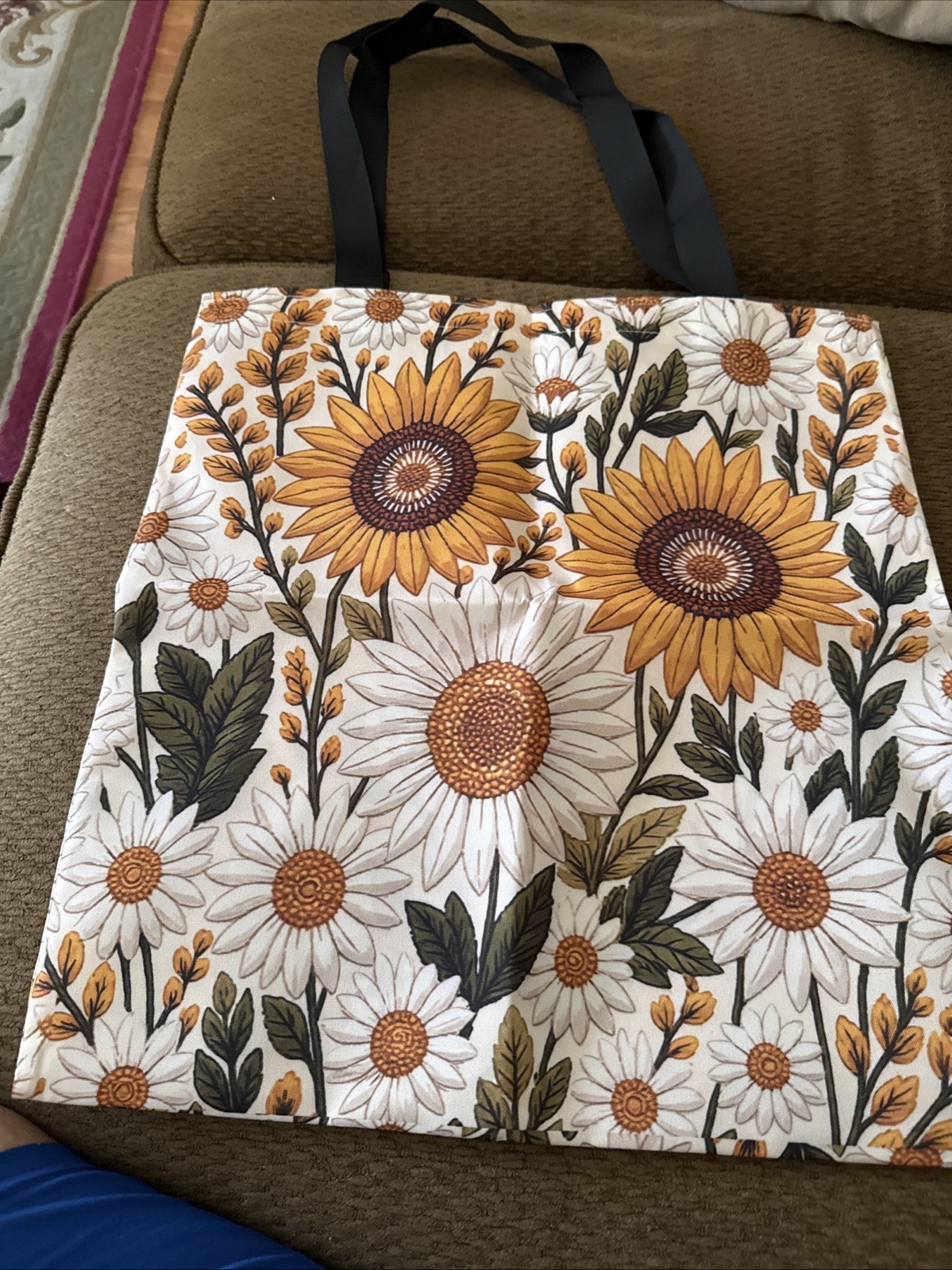 Sunflower Printing On Double Sides Polyester Tote Bag W/double Handles