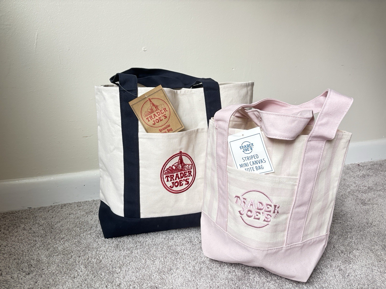 💖 2 Pack Most Sold NEW Trader Joe’s Canvas Navy Blue/Stripe Pink MustHave Tote