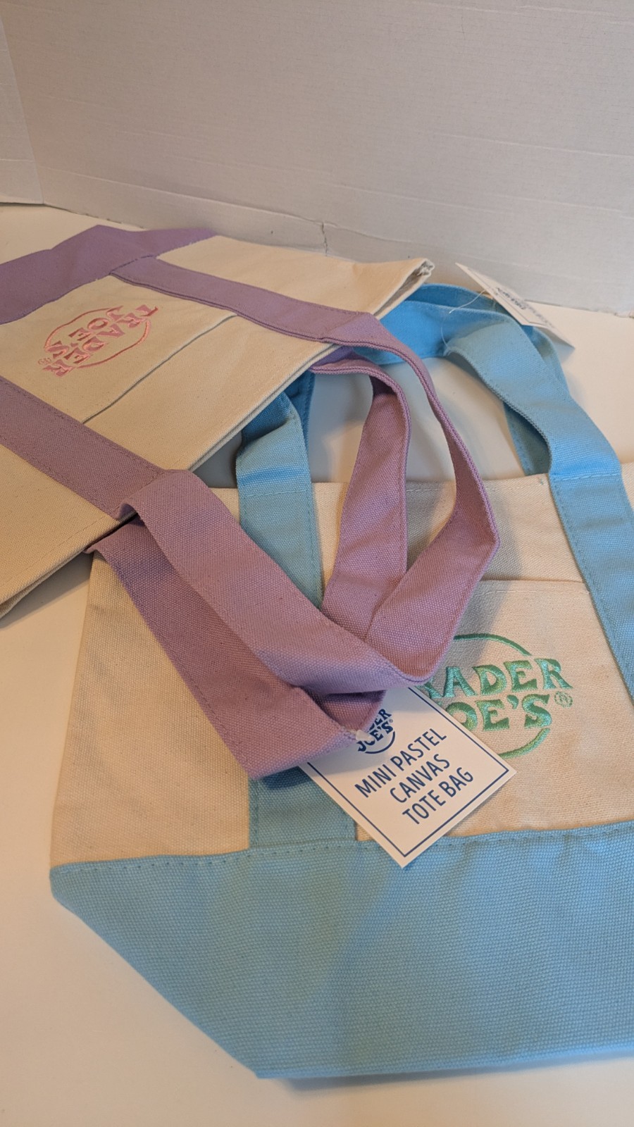 Trader Joe’s Mini Pastel Canvas Tote Bag 2 Purple Blue NWT