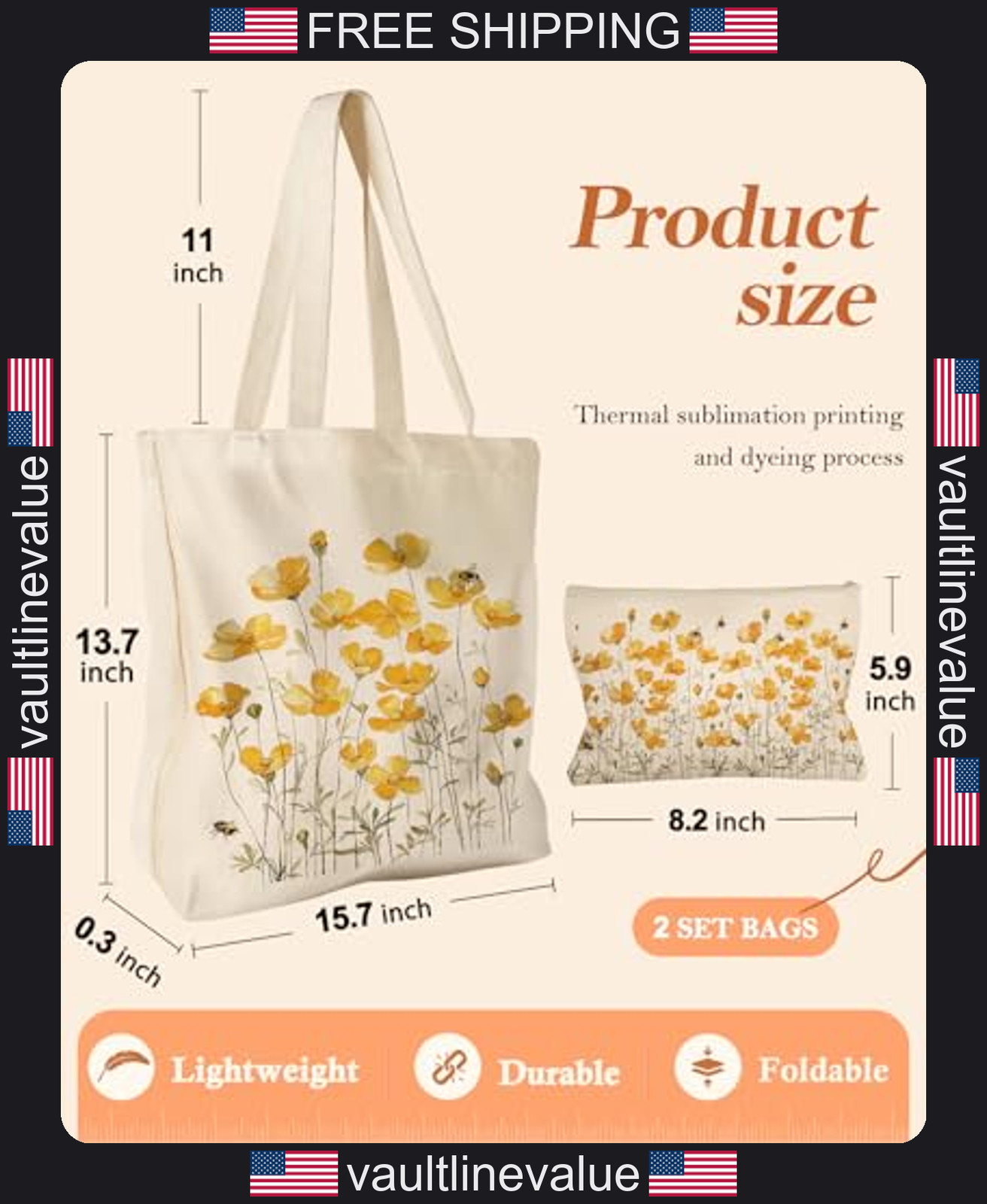 Miss Adola Aesthetic 2 Pack Canvas Tote Bag – with Makeup Zipper Pouch for