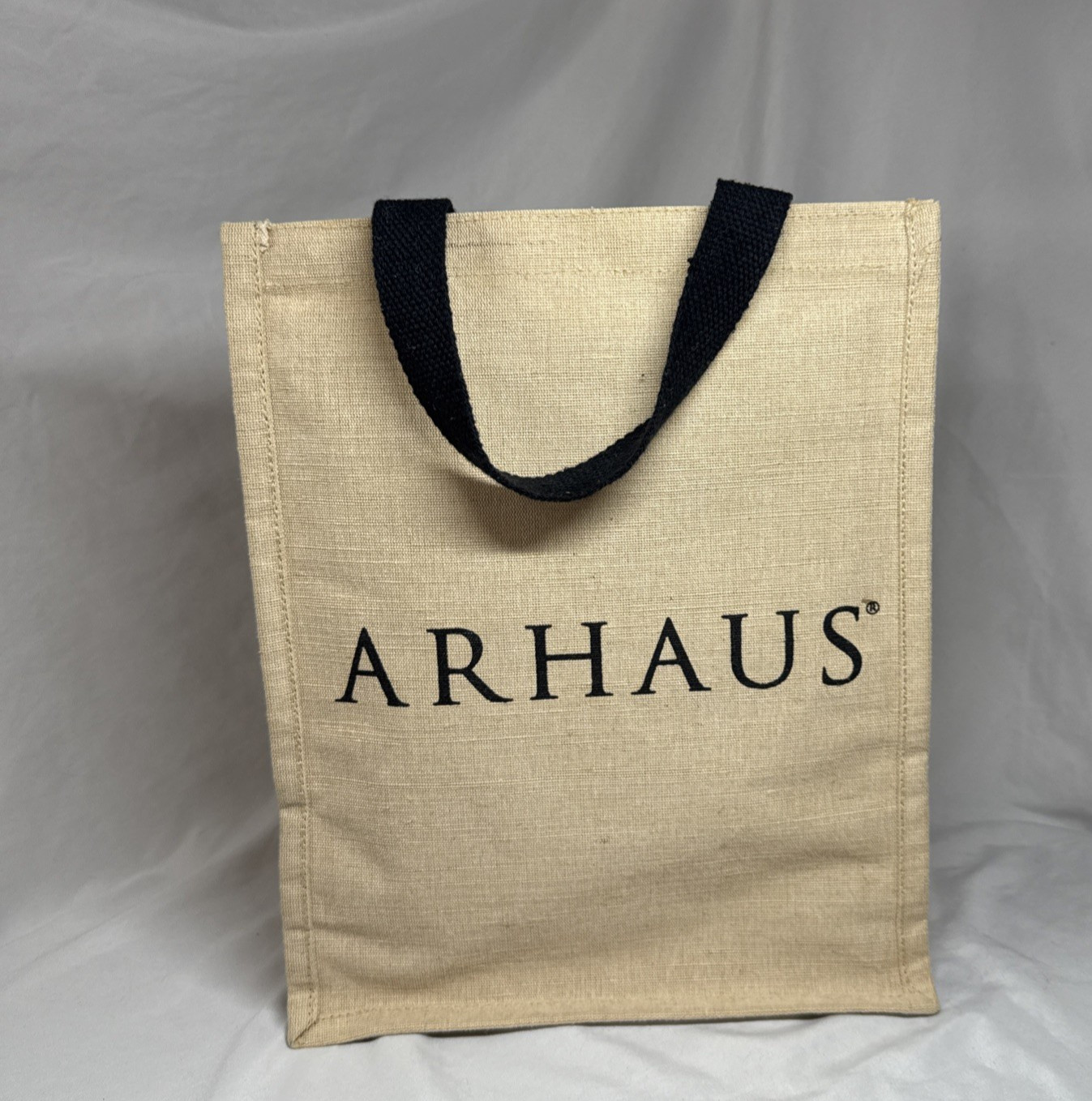 ARHAUS Jute Gift Bag Beige Tan Black Logo Reusable Shopping 13″x10″x7” Upscale