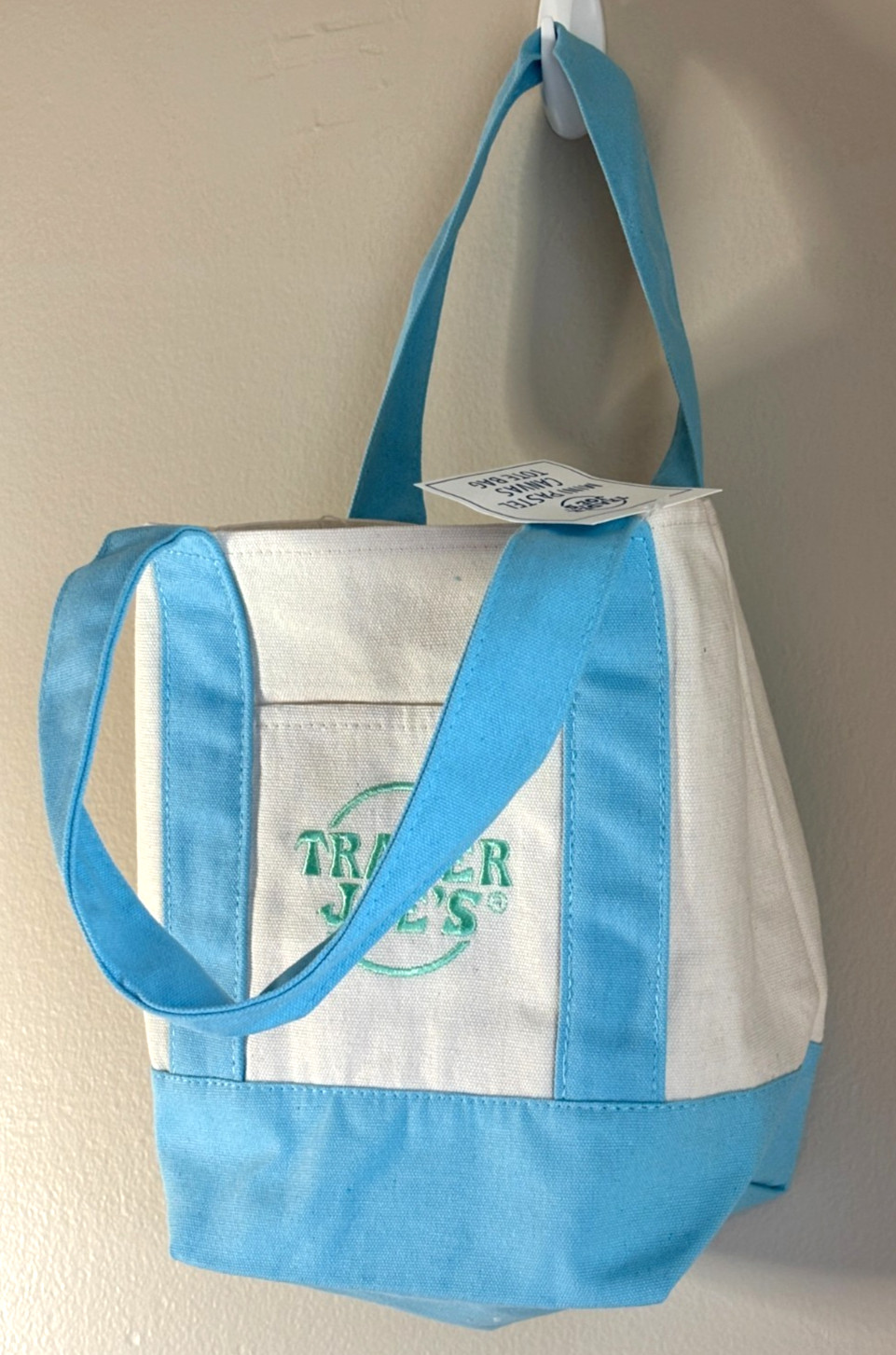 Trader Joe’s Pastel Blue Canvas Mini Tote Bag Embroidered Double Handles