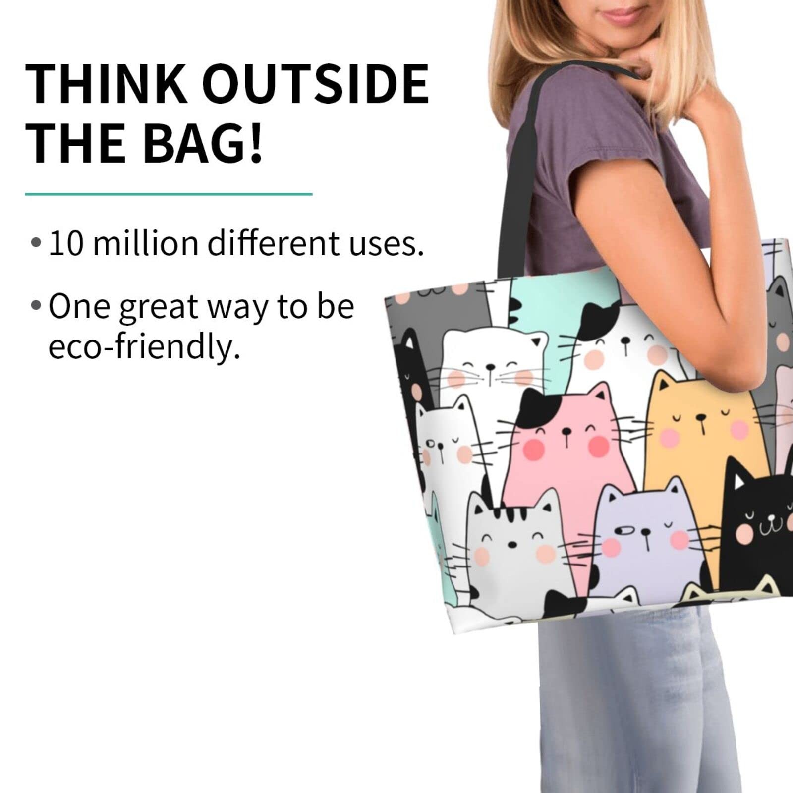 Cat Tote, Cute Large Shoulder Bag, Casual Reusable Handbag, Women, Shopping