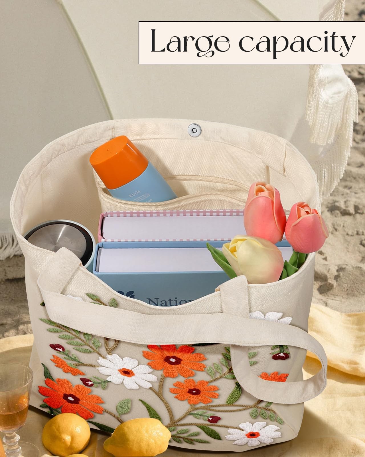 Embroidery Canvas Tote Bag for – Reusable Totes with Pocket & Magnetic Buckle…
