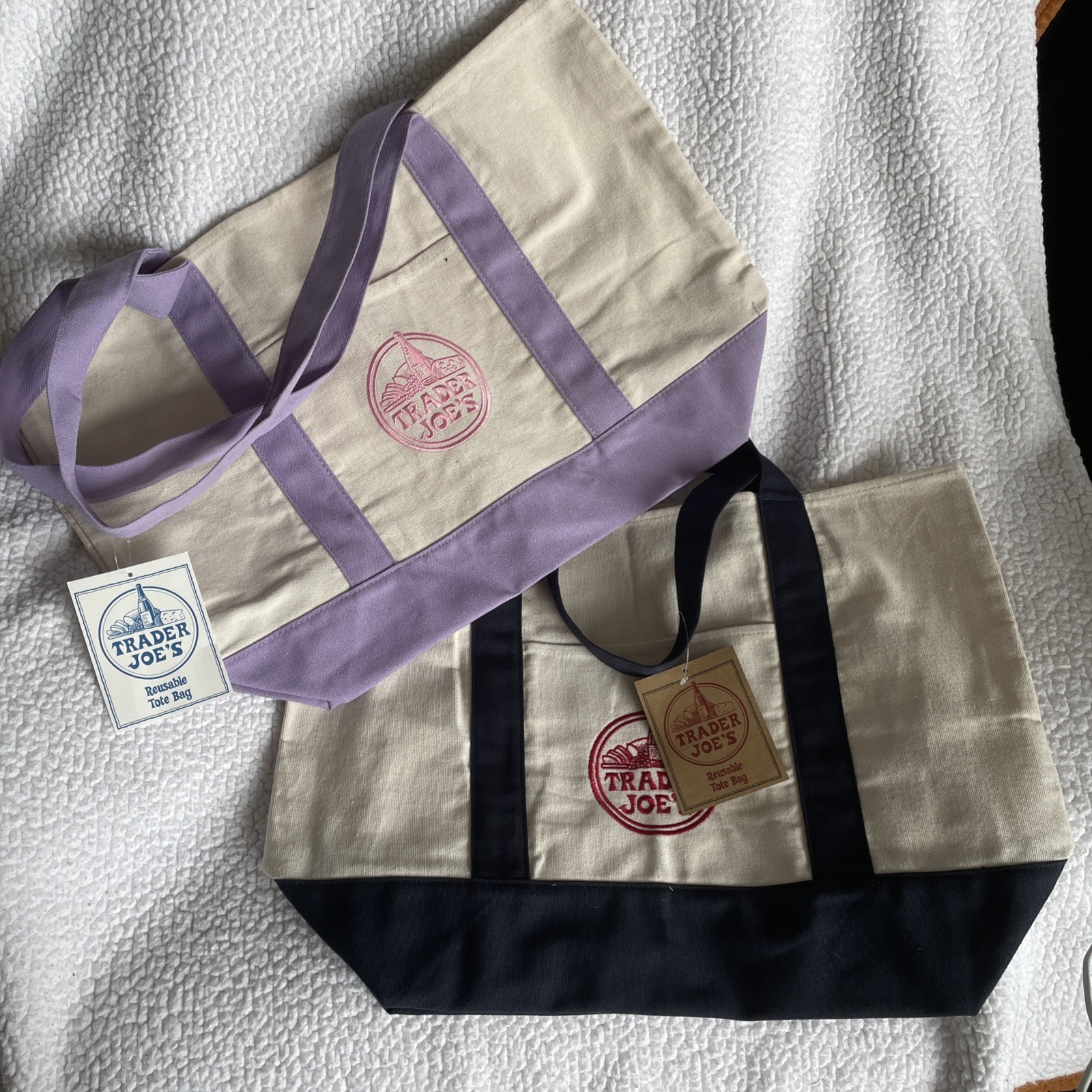 2 Trader Joe’s LARGE Canvas Shopping Bag NEW Blue/White & Purple/White