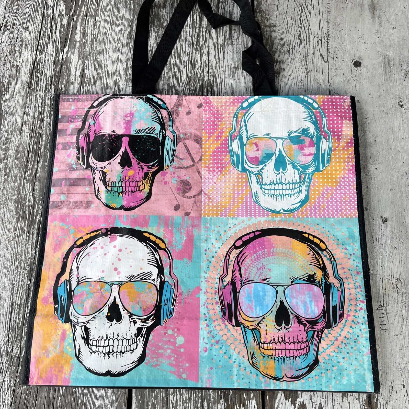 Skulls w/ Headphones POP Art Durable Reusable Grocery Shopping Gift Bag NEW