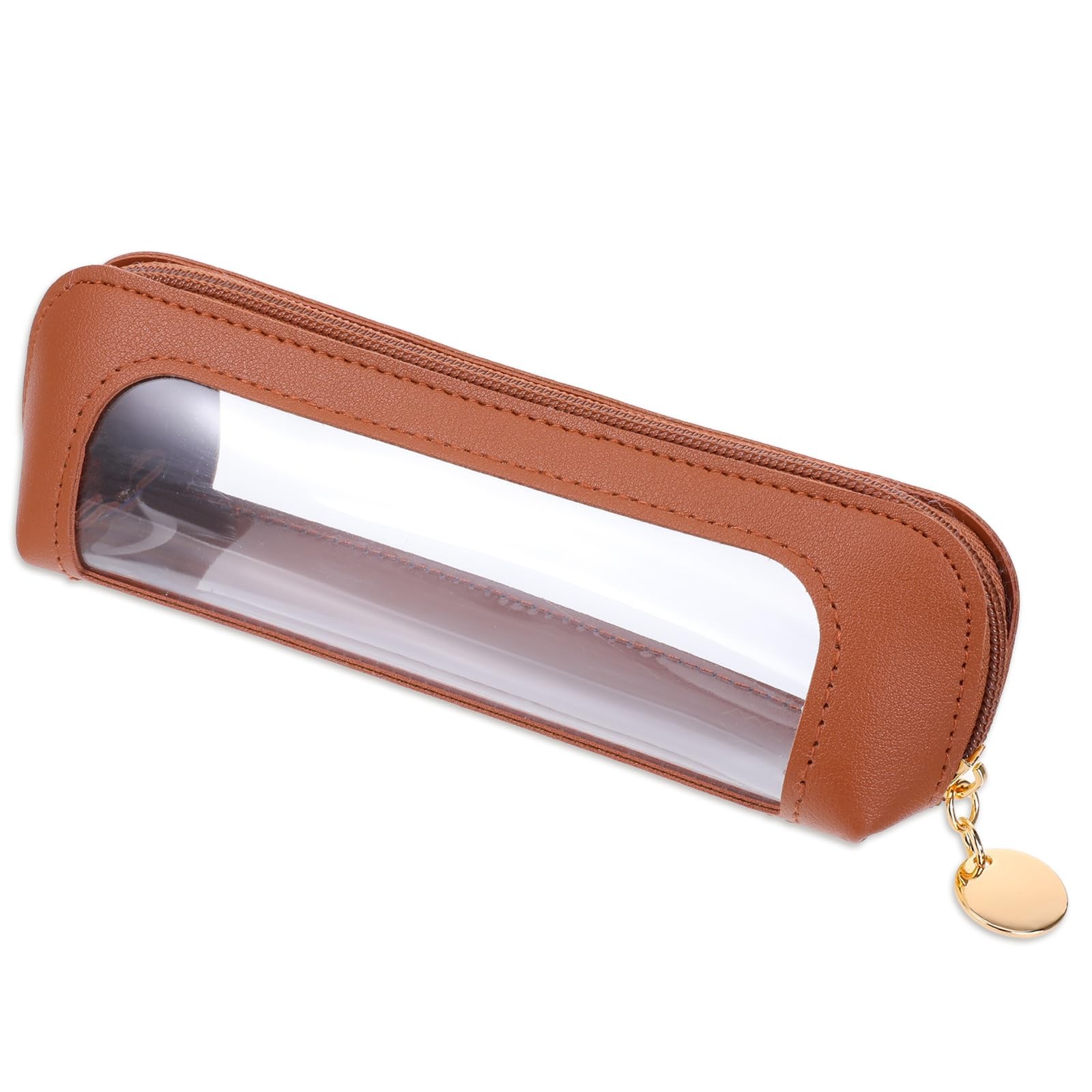 Small Clear Makeup Pouch, PU Leather Brush Bag Portable Travel Brown