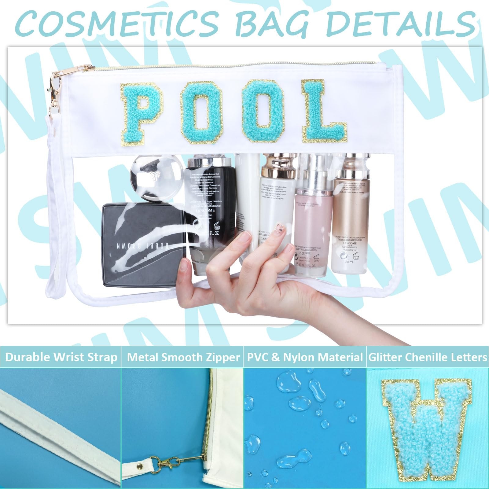 BuyCard 2 Pcs Pool Bag Cosmetic Makeup with Chenille Letter POOL-White