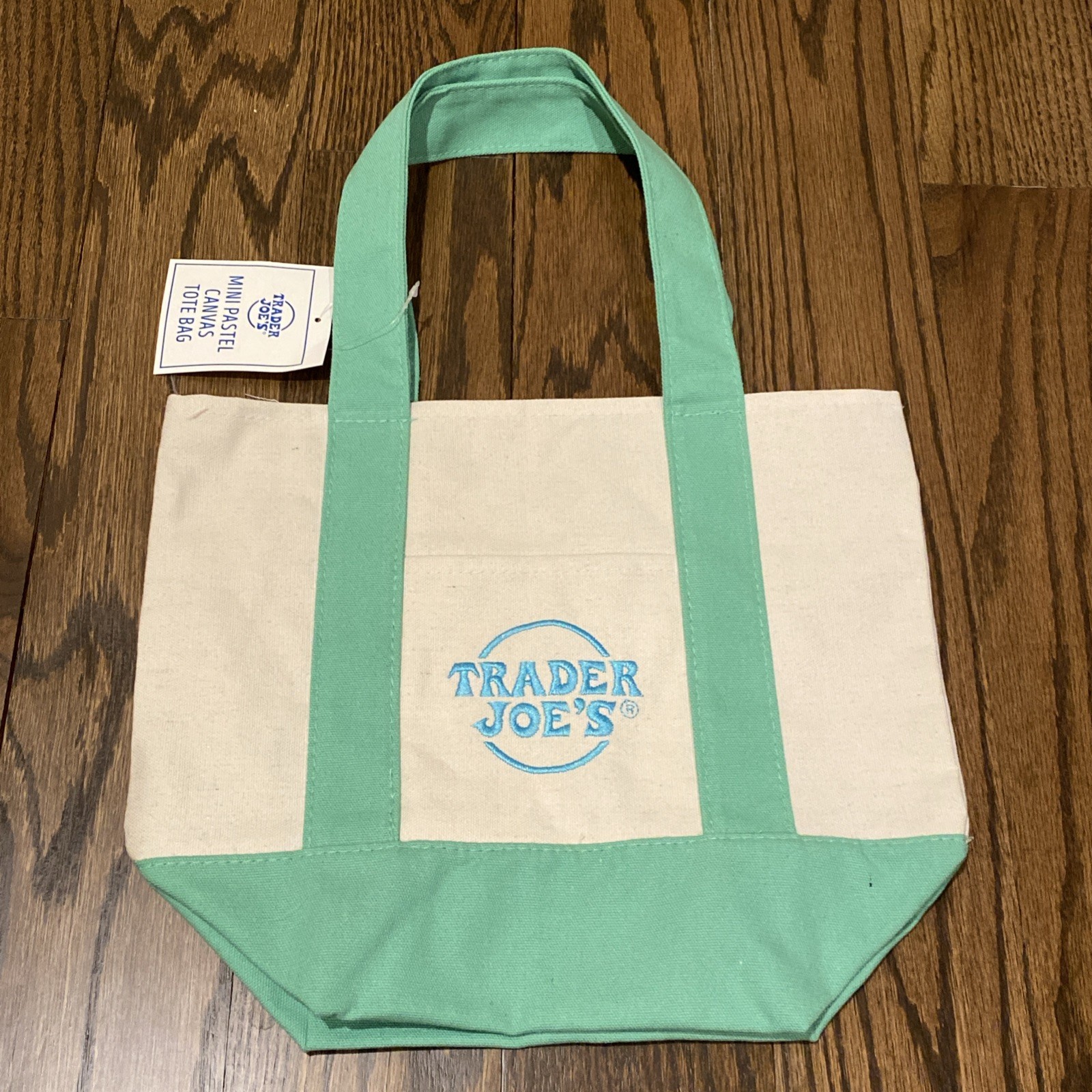 Trader Joe’s Mini Pastel Canvas Tote Bag Limited “Mint Green” Embroidered