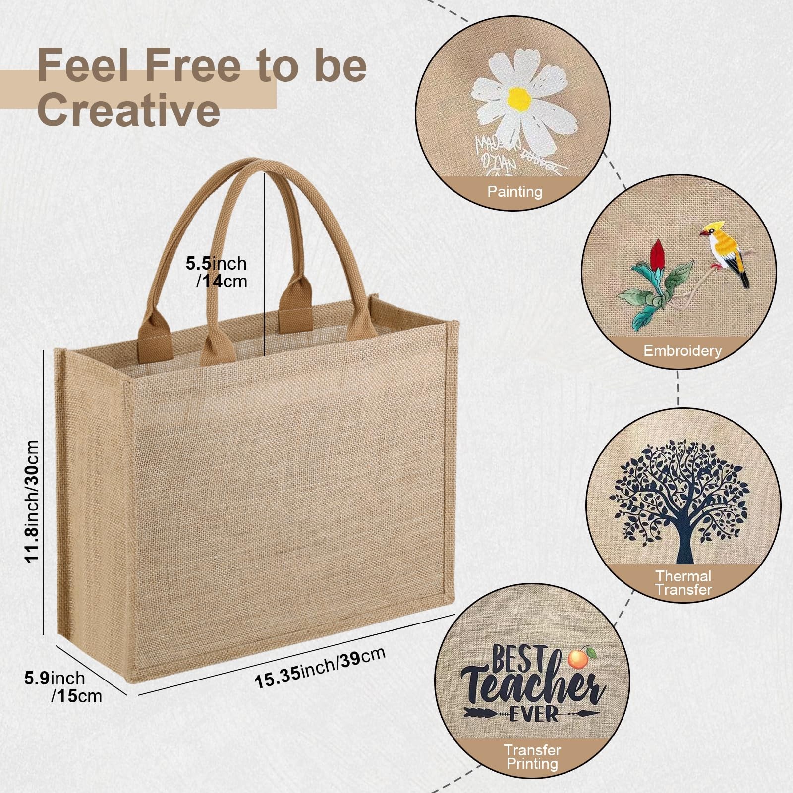10 Pack Reusable Jute Tote Bags with Handles, 15.1X11.8X5.5 Inch Large Natura…