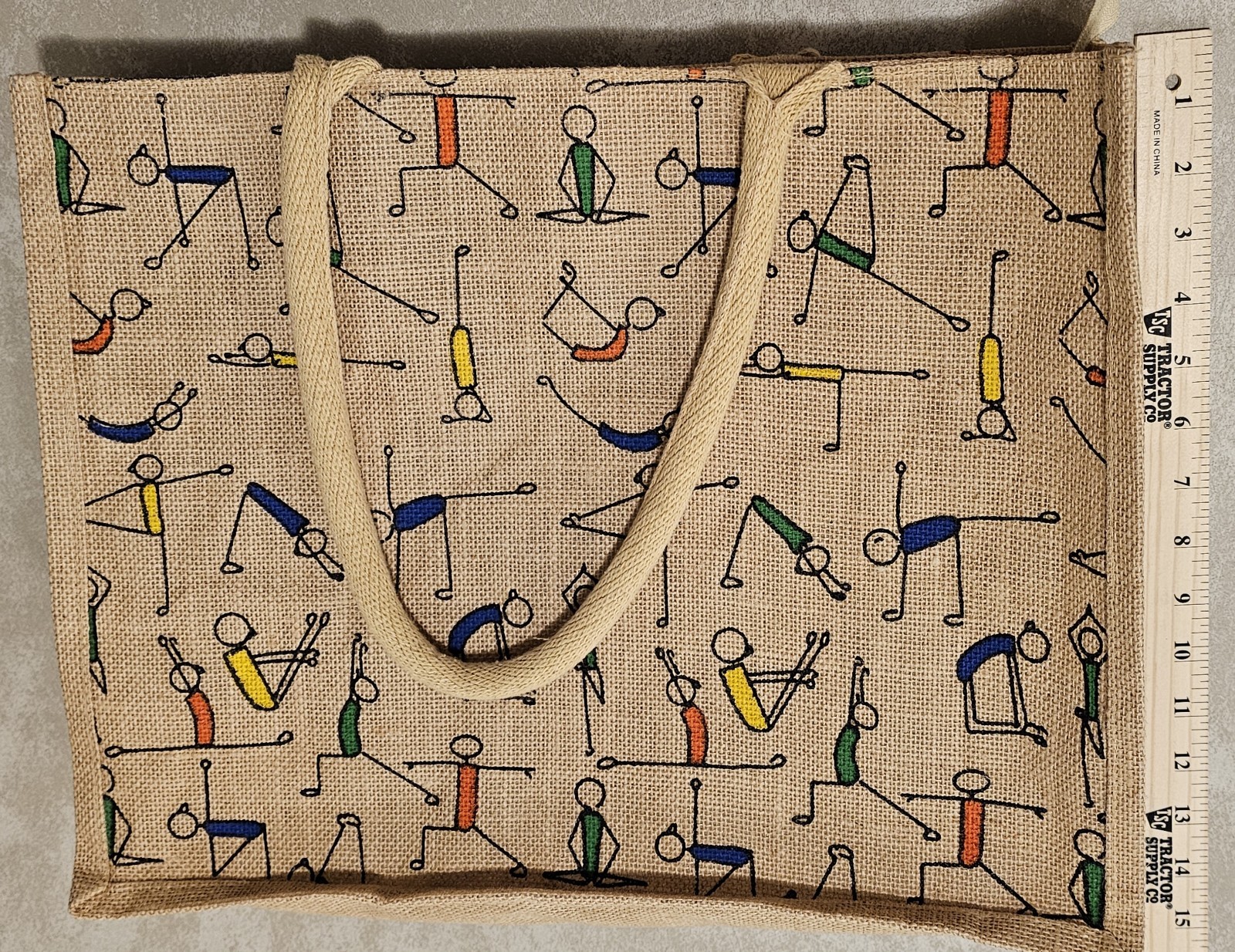 Reusable Jute Tote Bag Beige Multicolor All-Over Stick Figure Pattern 17×13″