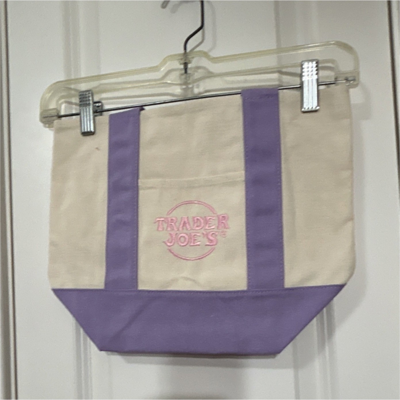Trader Joe’s Foldable Color Block Tote Bag Purple Beige Cotton Polyester