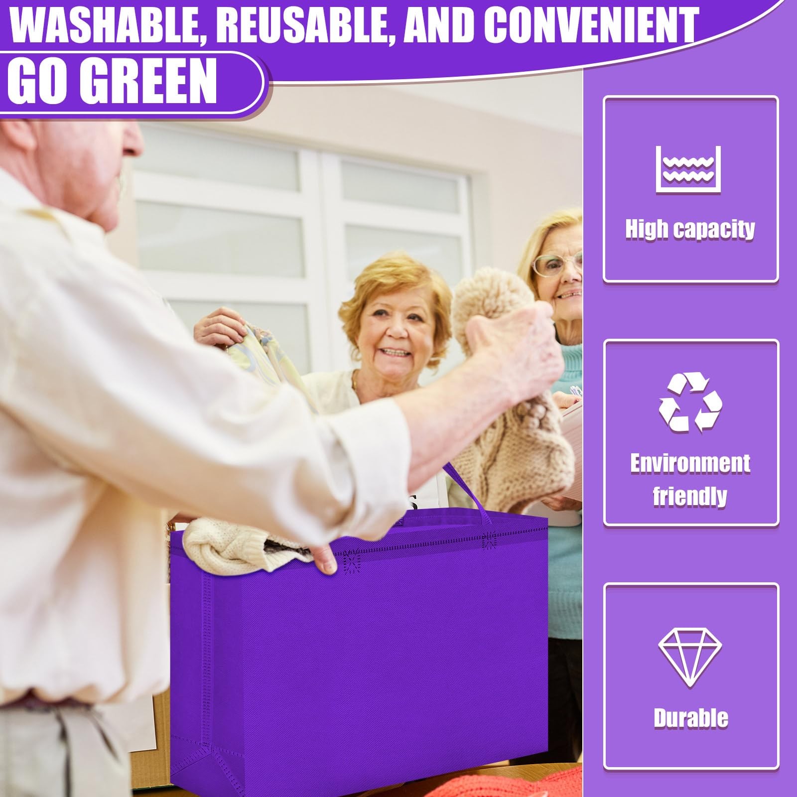 Large Reusable Grocery Shopping Bags Non Woven Foldable Handles 16x6x12 Inch
