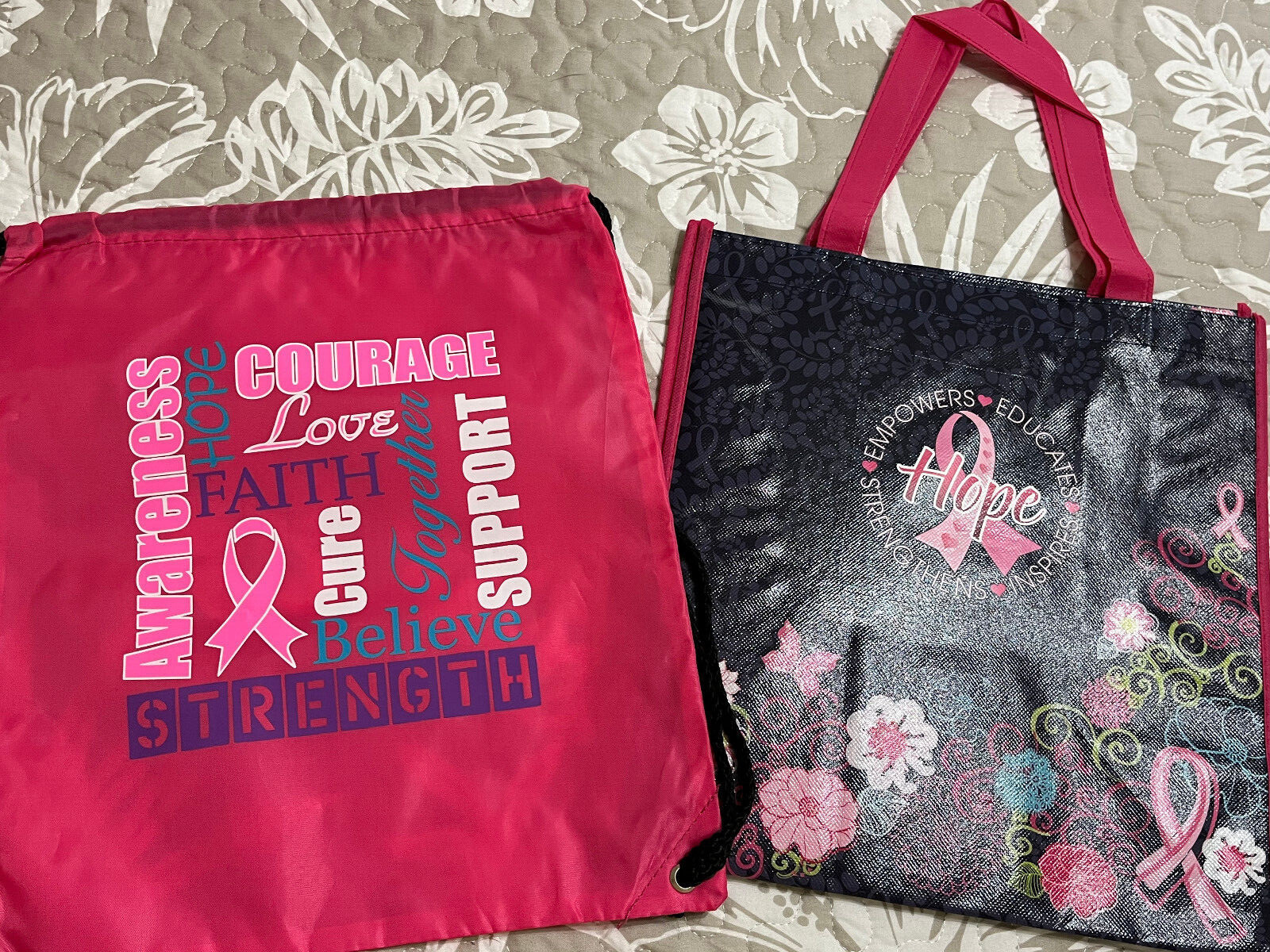 Breast Cancer Awareness Reusable Shopping Tote & Cinch Style Backpack Lot of 2