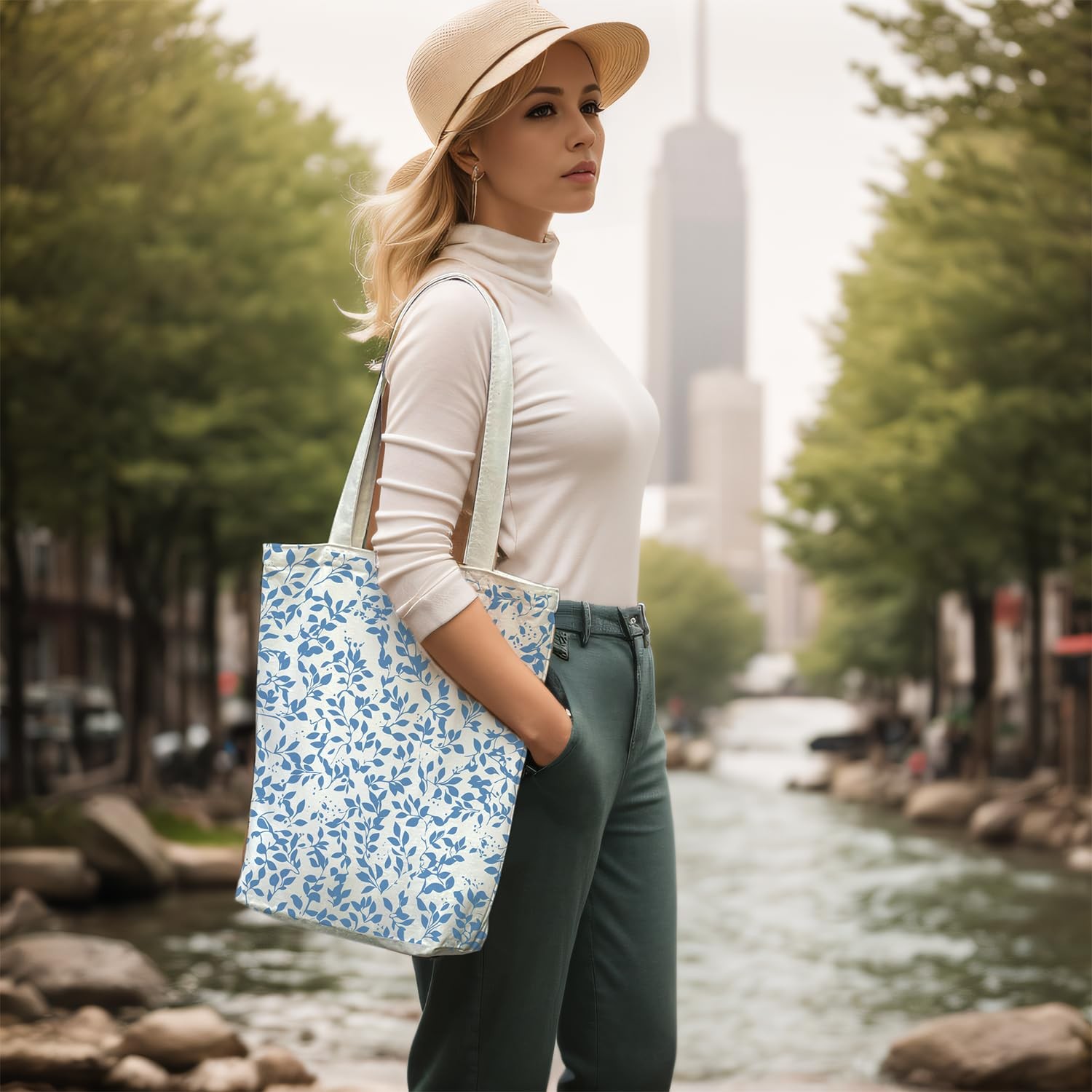 Canvas Tote Bag for Men and Women, Tote Bag With Zipper Pocket Blue Leaf Thic…