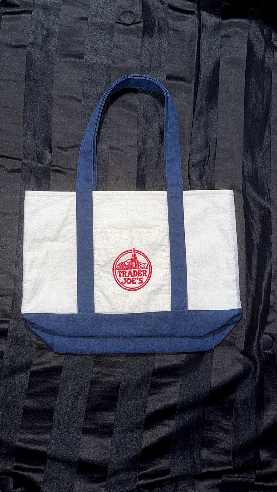 Vintage Trader Joe’s Reusable Canvas Tote Bag White/Blue/Red Logo 18x12x16 in