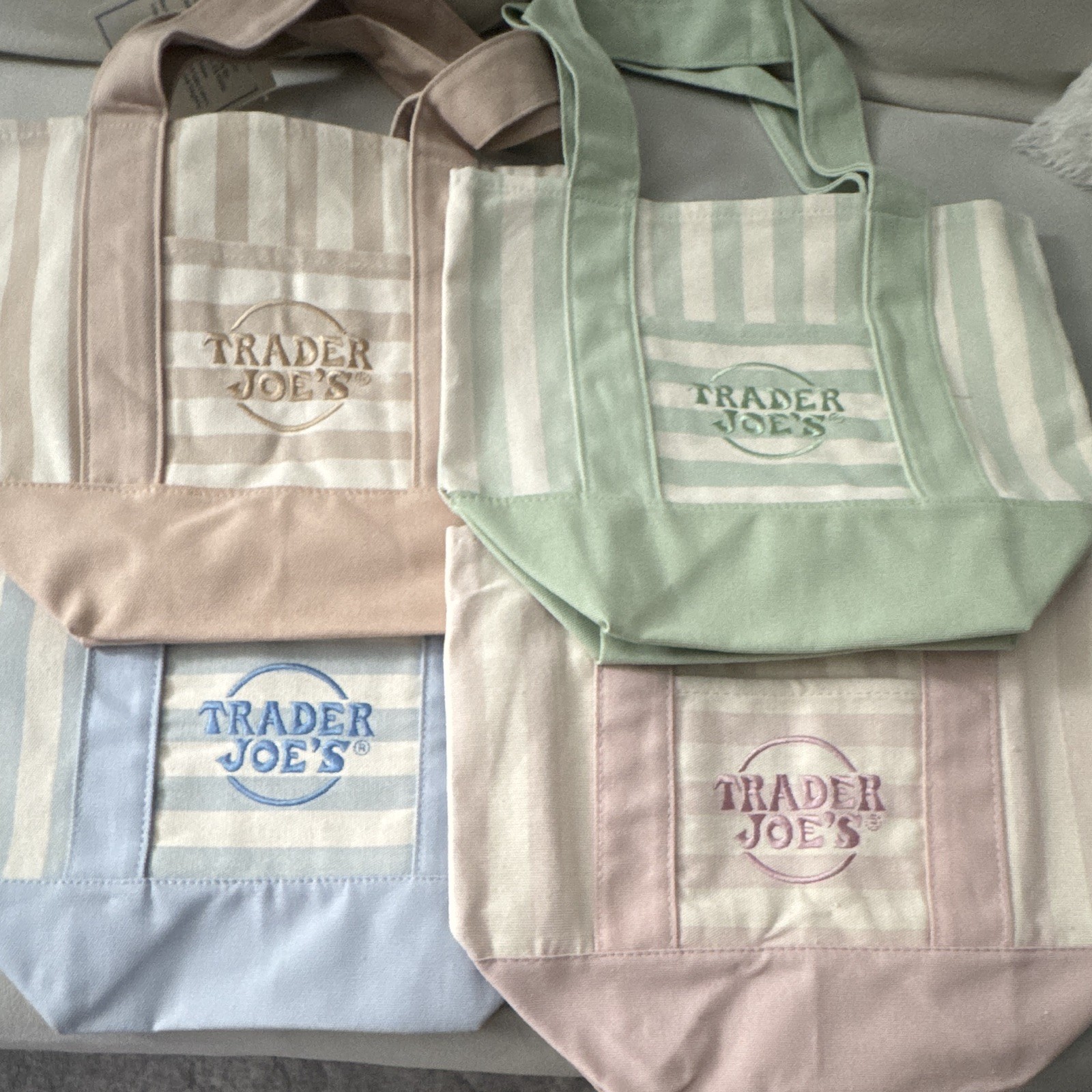 One Set of 4 Trader Joe’s Striped Mini Canvas Tote Bag Multicolor 13x6x10 in New