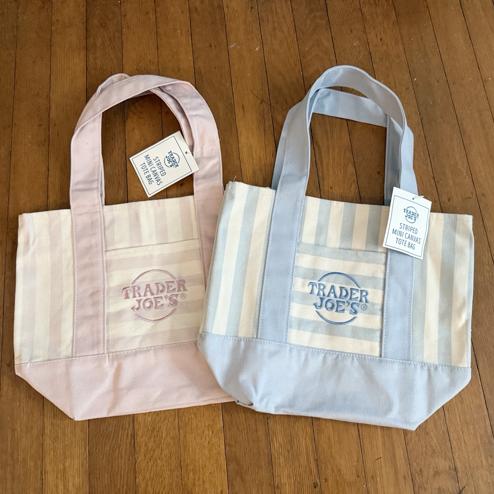 New Trader Joe’s Mini Pastel Stripe Canvas Tote Bag Pink Blue Bags Set Of 2 NWT