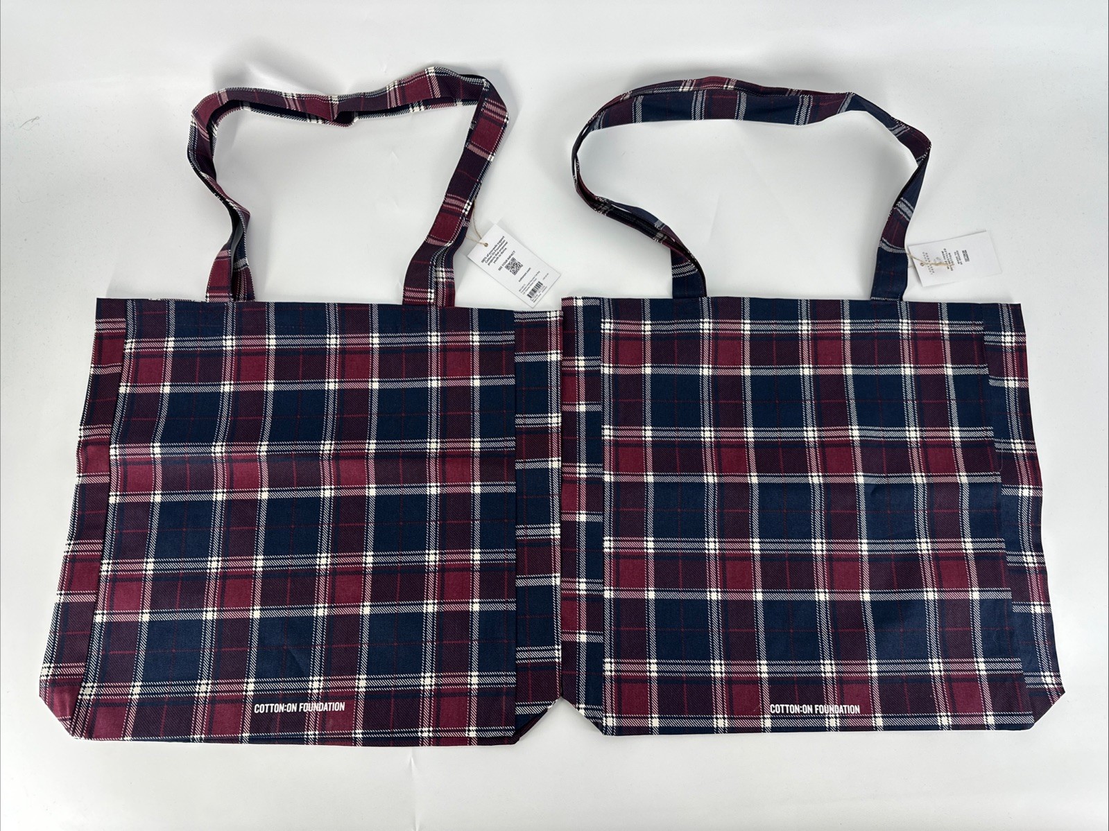 LOT OF 2 RARE Cotton:On Recycled Tote Bag Winter Holiday Check Reusable Grocery