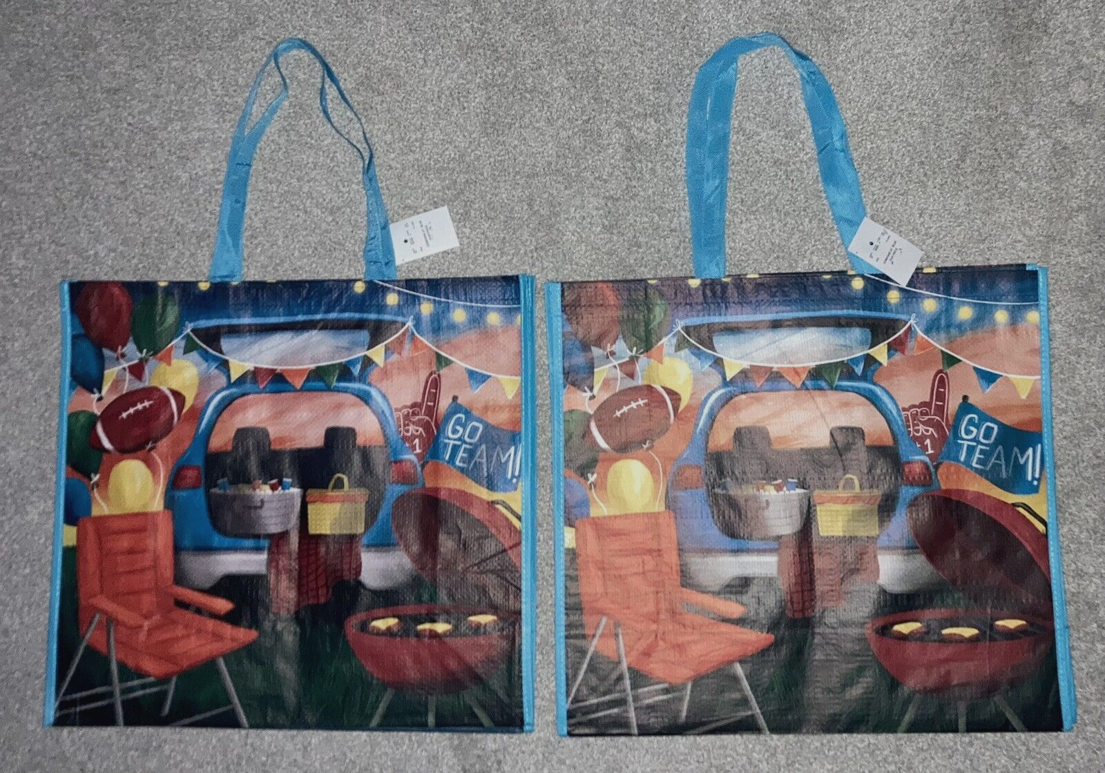Lot of 2 Football Tailgating 19 1/2″ x 18″ x 8″ Multicolor 2 Handle Tote Bags