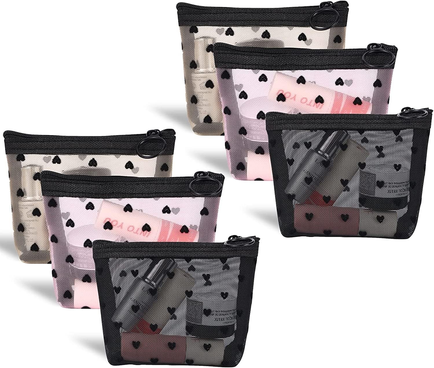 Adorila 6 Pack Mini Mesh Makeup Bags, Heart Print Mini, Black/Beige/Pink