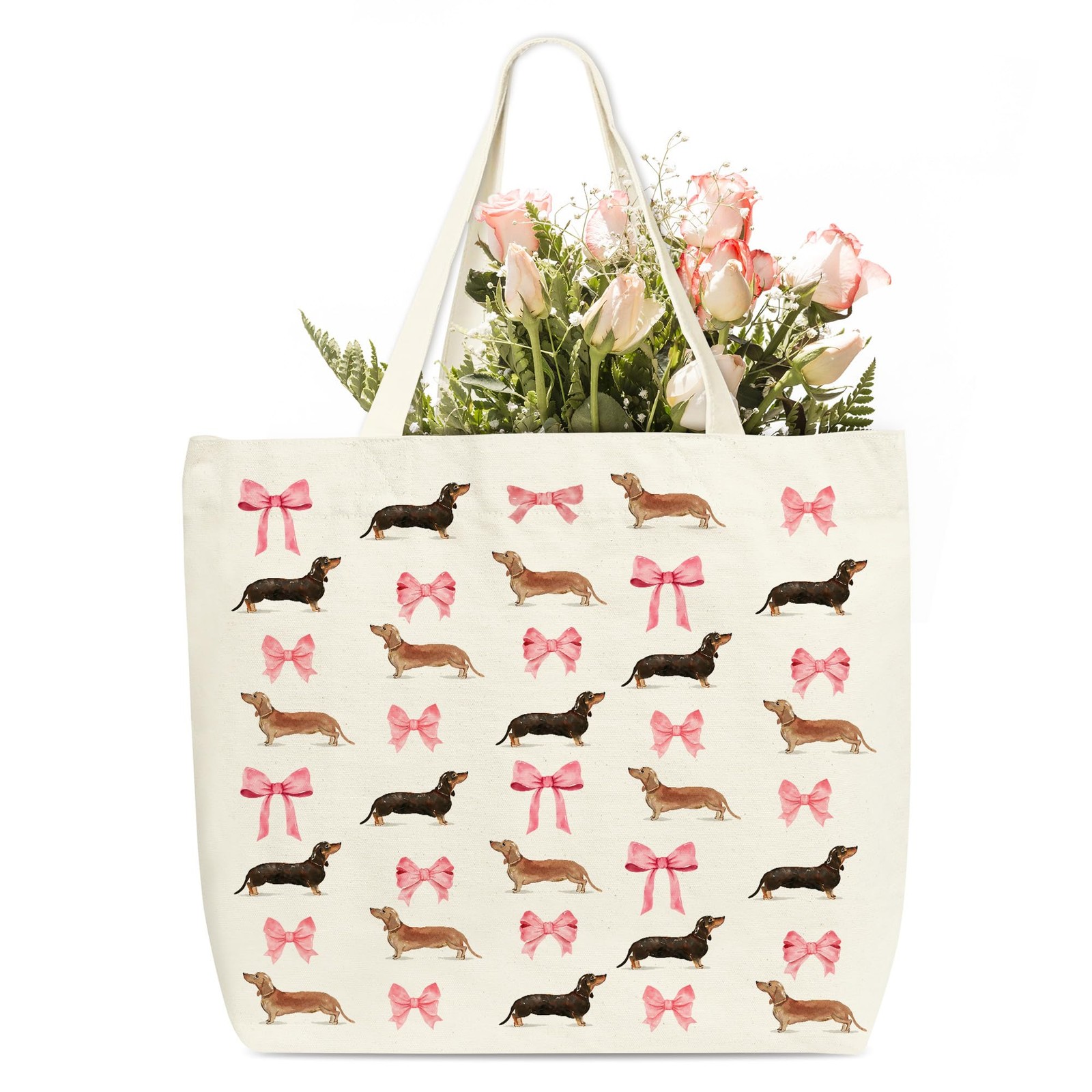 Dachshund Tote Bags For Women, Pink Bow Canvas Tote Bag, Cute Puppy Themed Gi…