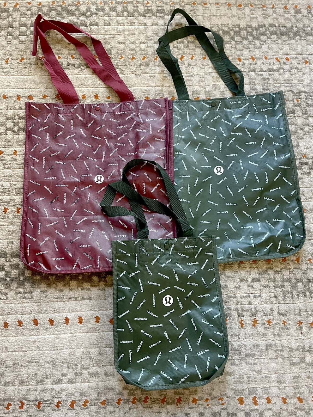 Lululemon Small And Large Dark Red And Green Monogram Reusable Shopping Bags
