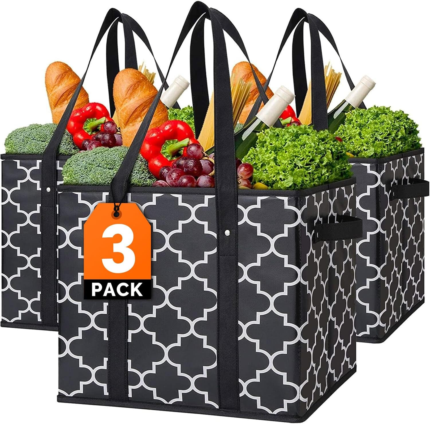 Reusable Grocery Bags 3-Pack Foldable Washable Large Storage Bins Basket Water R