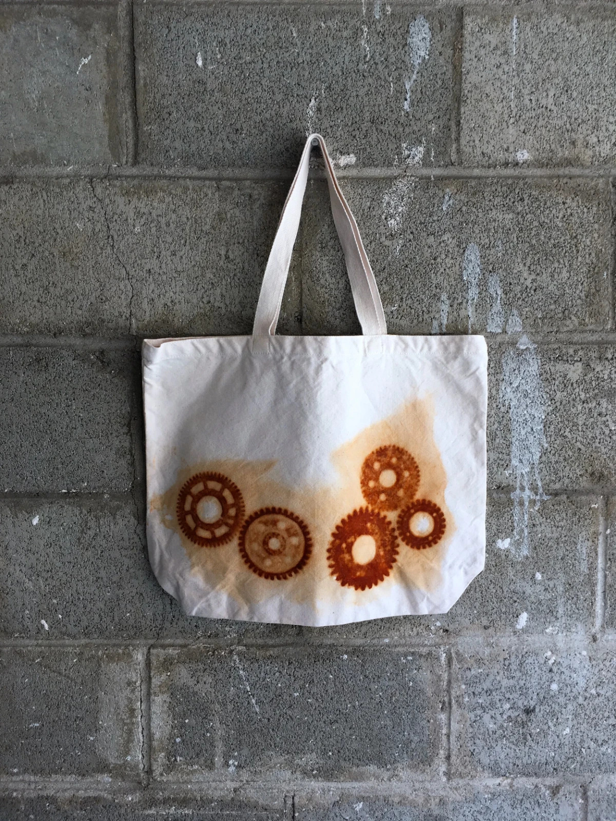 Organic Cotton Farmers Market Tote Bag Rusty Gears Handmade XL 18×14.5 Rust Dyed