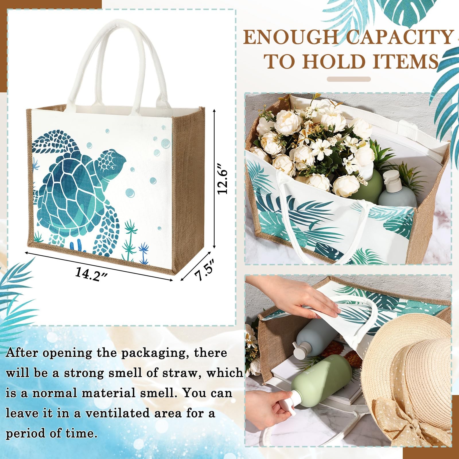 6 Pack Beach Burlap Tote Bags Bulk Large Beach Jute Tote Bag with Handles 14….