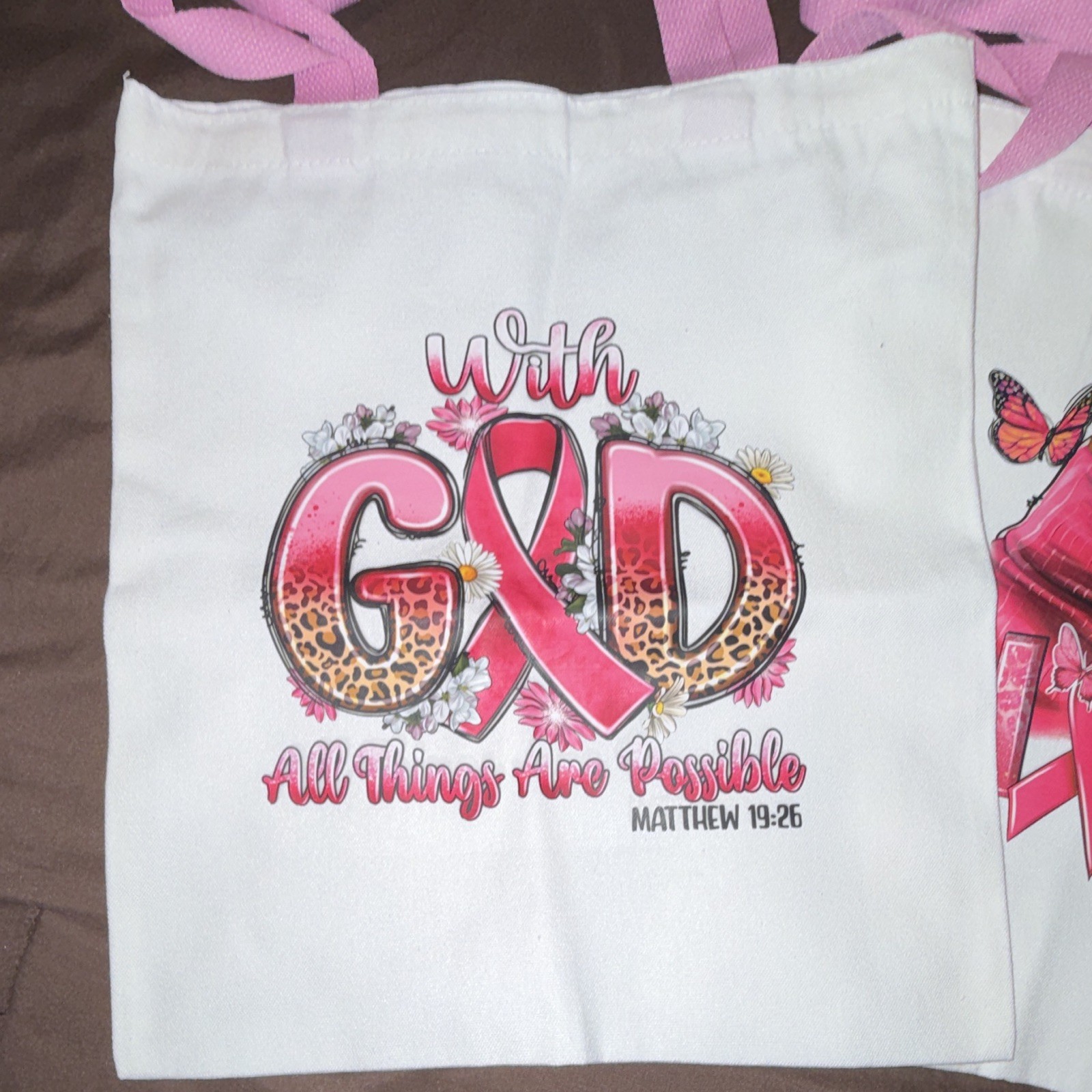 Reusable Tote Bag White/Pink 12x12x8 Graphic Print Breast Cancer Ribbon HOPE