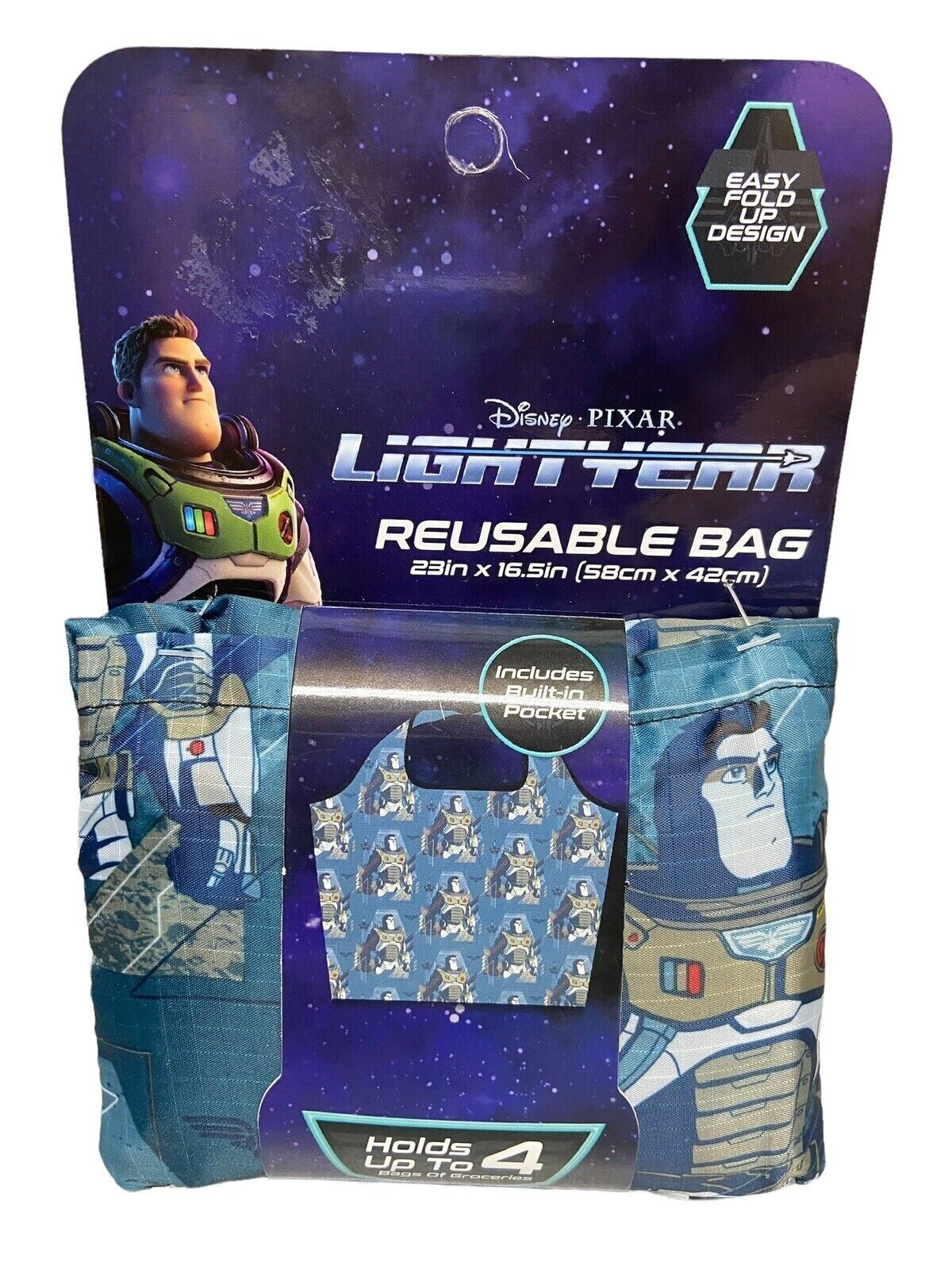 Disney Pixar LIGHTYEAR Reusable Grocery Bag 23″ x 16.5″ Pocket Easy Fold Up NEW