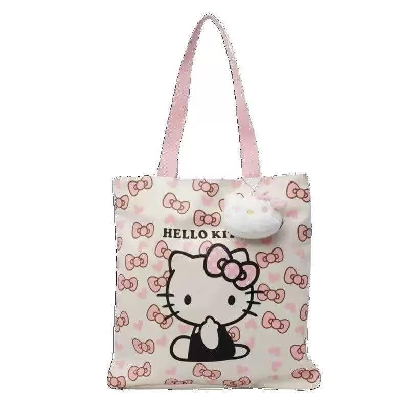 Cute Cartoon Kitty Tote Bag – Pink and White Kawaii Style Reusable Shoulder B…
