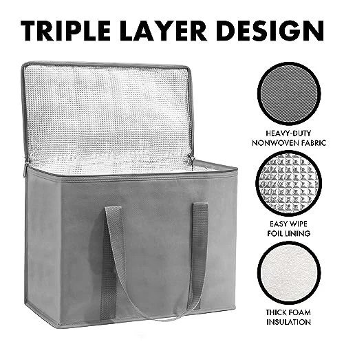 (Not Made In China) Insulated Reusable Grocery Bags, 1 pack Gray XL Insulated