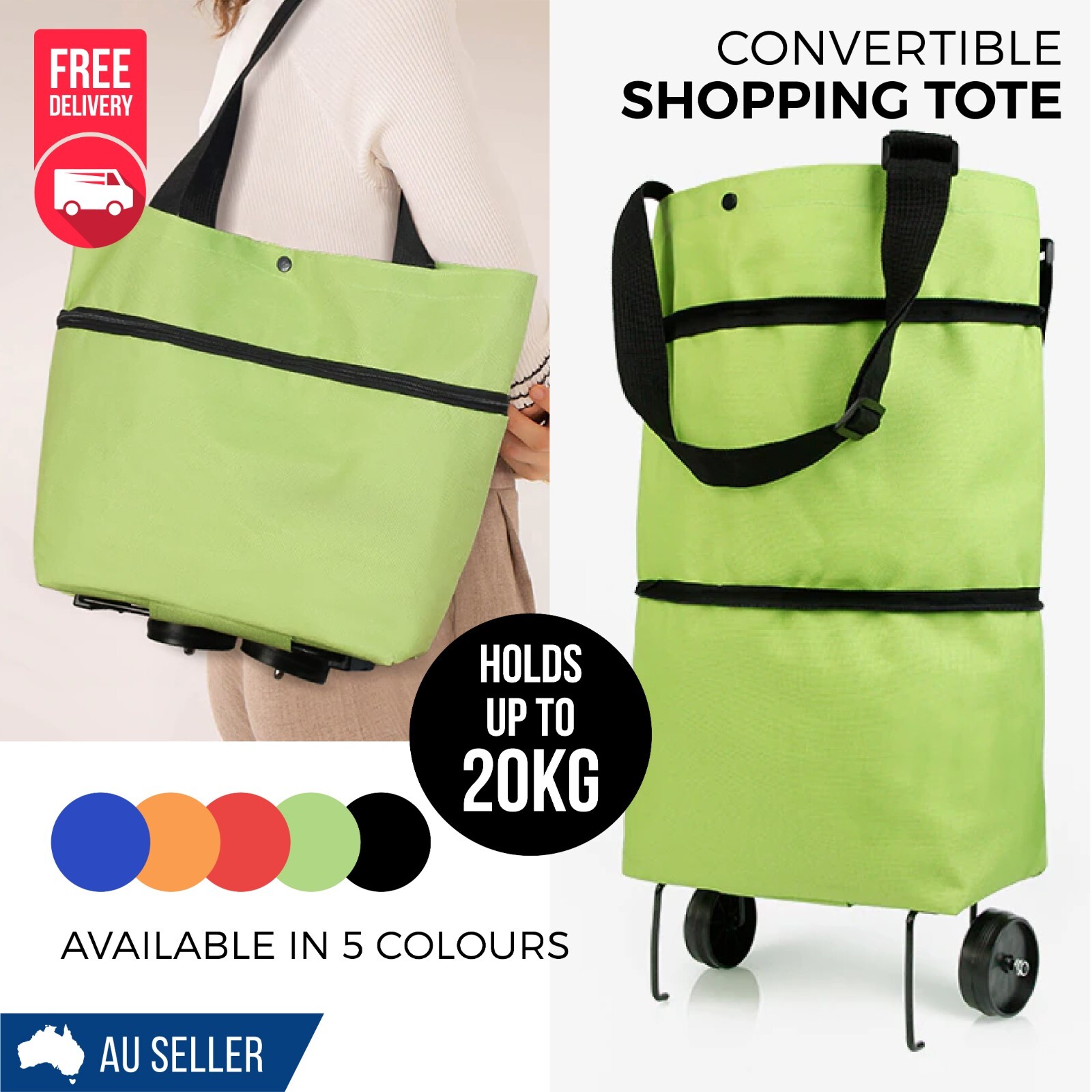 Expandable Adjustable Shopping Tote Bag with Wheels Holds Up to 20Kg 5 Colours