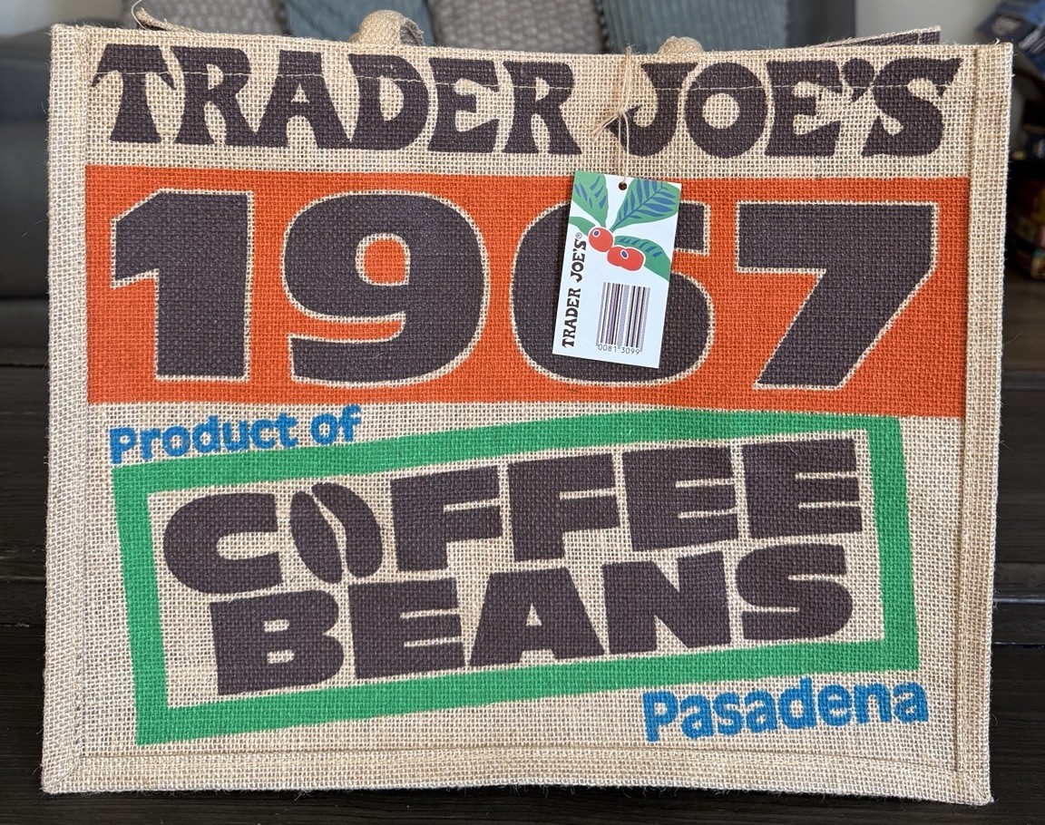 Trader Joe’s Tote Jute Bag Reusable 1967 Pasadena Coffee Beans 17x14x9x13in Lrg