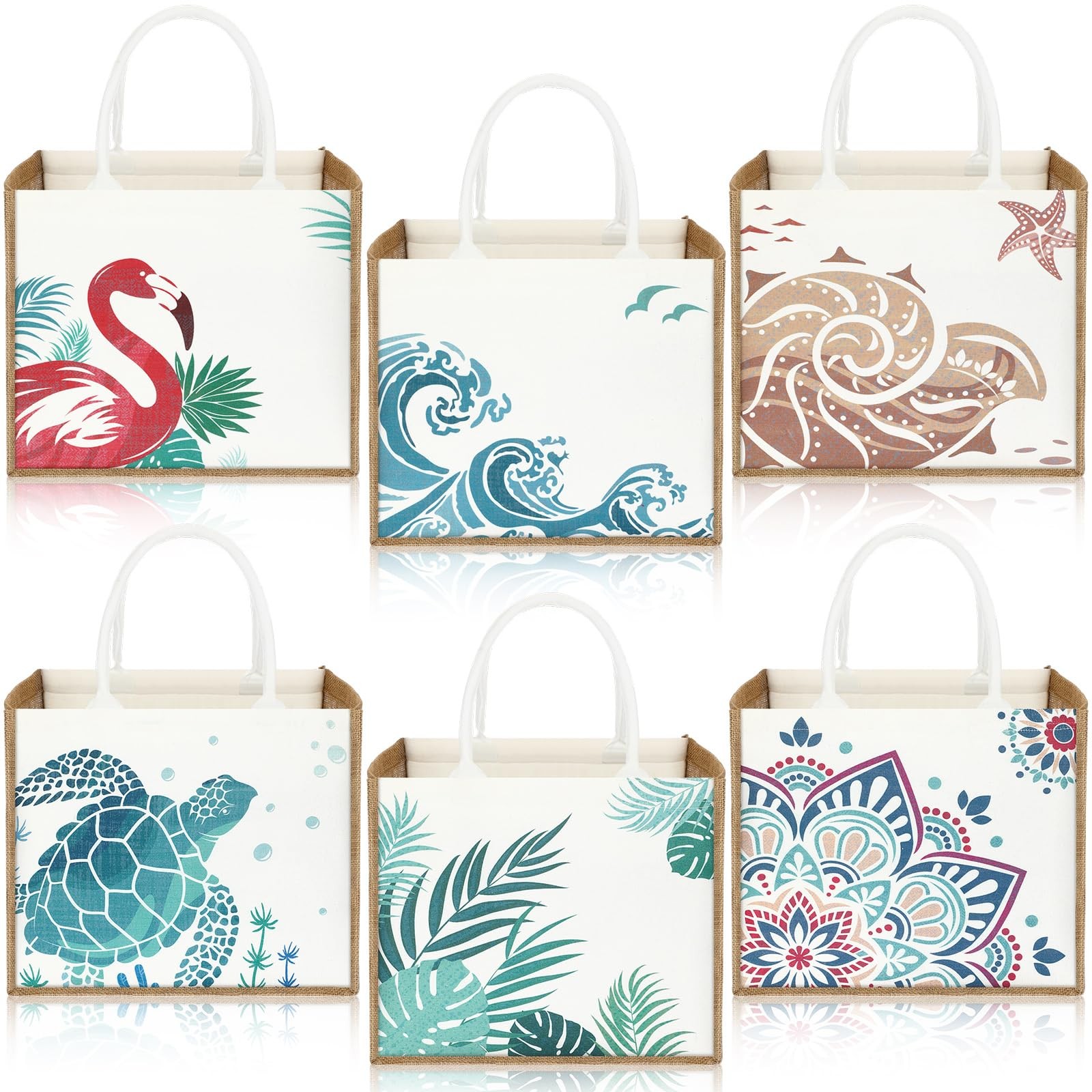 6 Pack 14.2×12.6×7.5 Inch Colorful Large Burlap Jute Beach Shopping Tote Bag