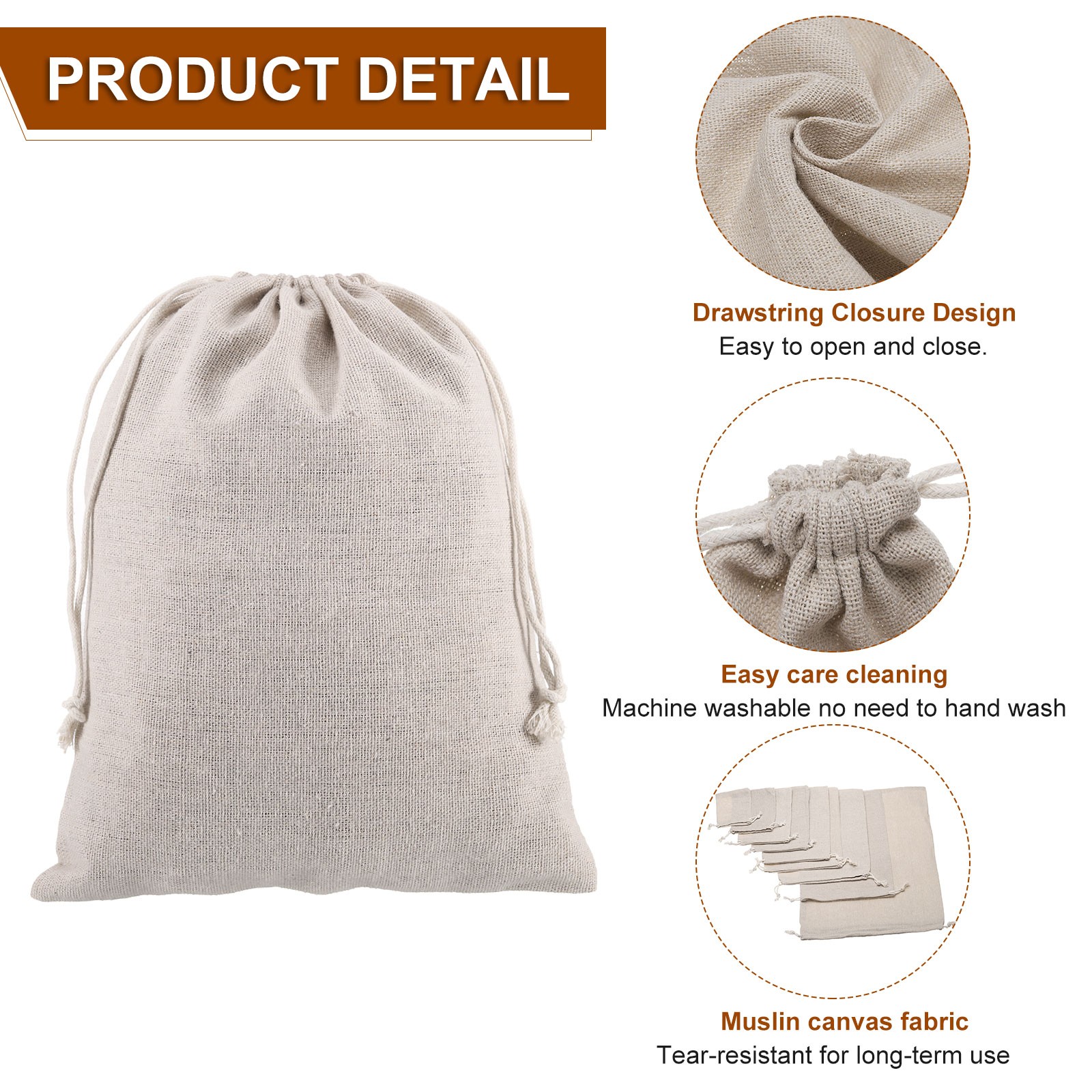 12 pieces cloth bags 20x25cm with drawstring, beige for storage